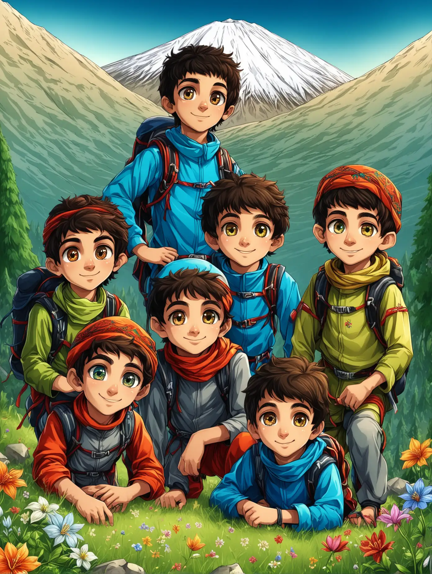 Defaults: Persian(face, language, design), beautiful.

Atmosphere is Damavand mountain, forest, flowers, grass, jungle.

Ali is a Persian 10 years old athlete boy, mountaineering, clothes full of Persian designs, cute, smaller eyes, bigger nose, white skin, smiling.

Taha is a team with 5 members of athlete boys, they are 7 to 10 years olds, they are mountaineering, clothes full of Persian designs, cute, smaller eyes, bigger nose, white skin, smiling.

Ali is more important than Taha and is front of Taha.

Taha team are mountaineering behid Ali.