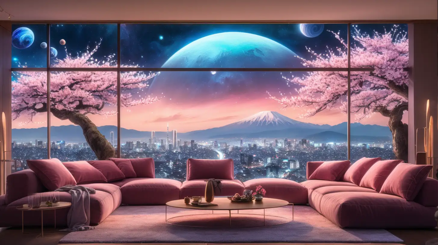 Skyline living room and looking out and seeing a magical land of cherry blossoms and planets in the sky and illuminating mushrooms that glow