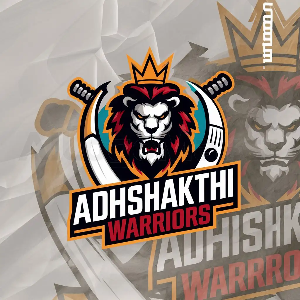 a logo design,with the text "ADHISHAKTHI WARRIORS", main symbol:Cricket team logo, burning lion ,crown , cricket bat and ball,Moderate,clear background