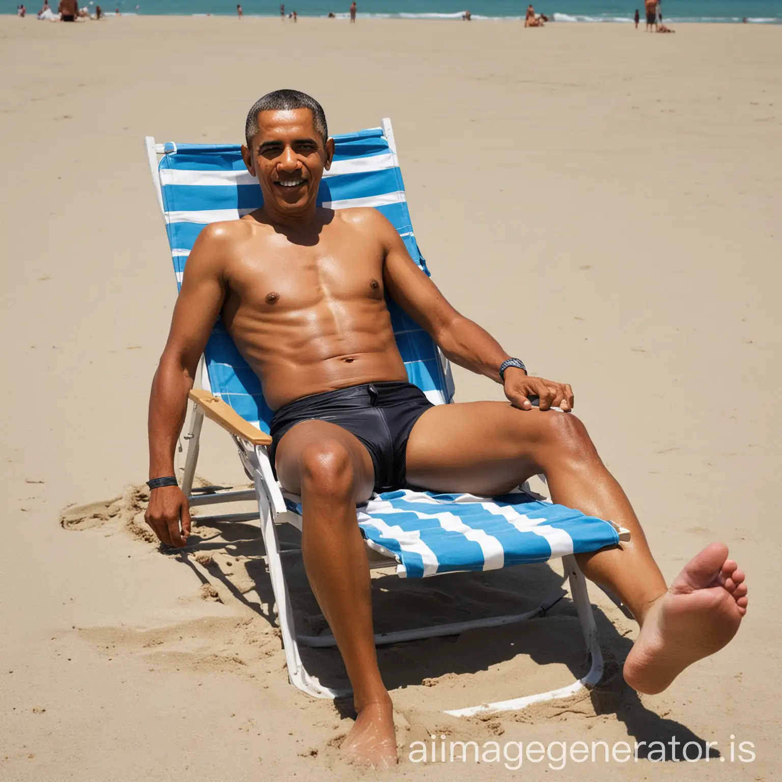 Create an image of obama in swim suit. Carrying beach chair