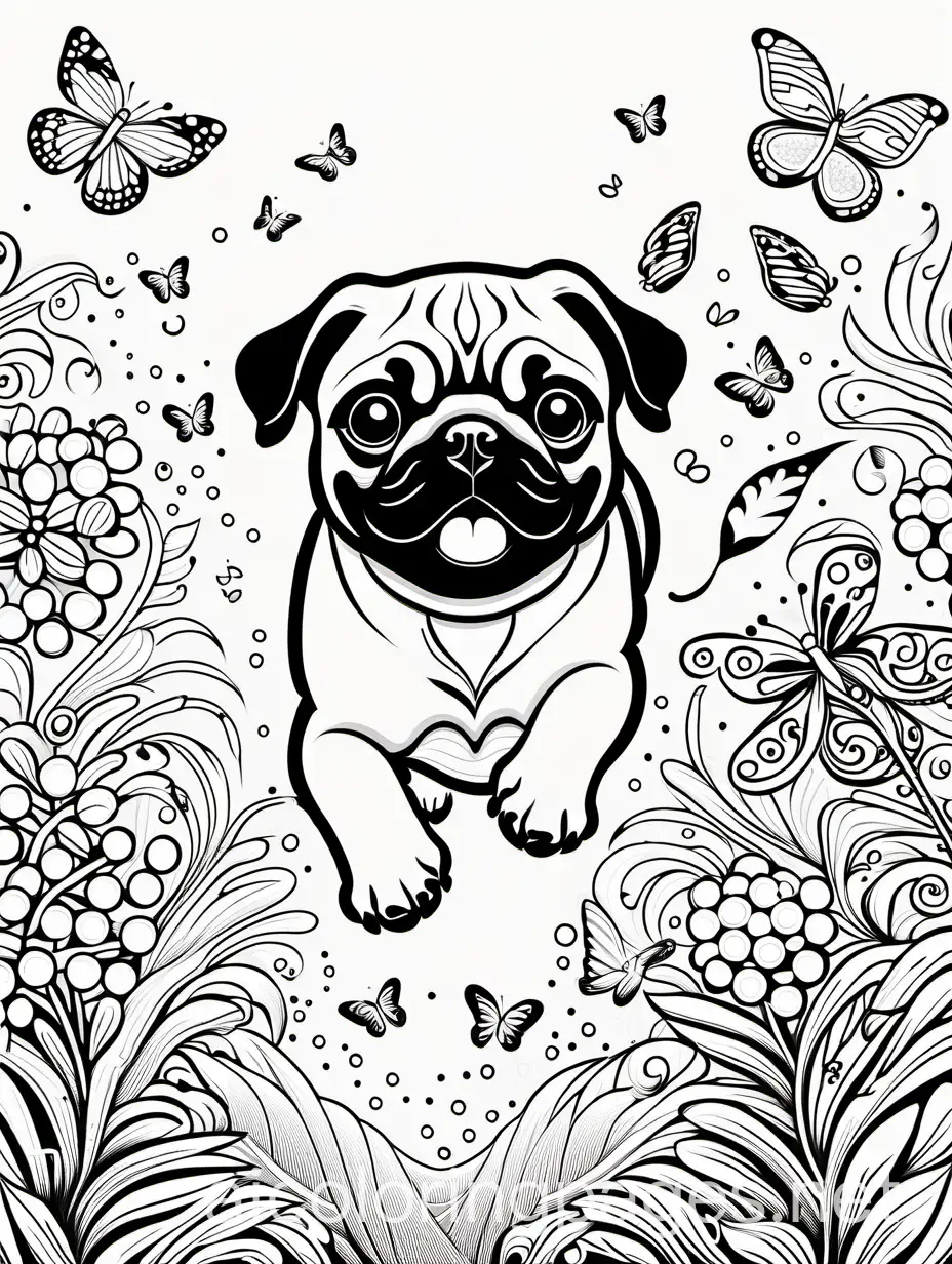 happy, pug puppy chasing butterflies, adult coloring page, black and white, ample white space, highly detailed, intricate, elaborate, thick outlines to make it easy to color, Coloring Page, black and white, line art, white background, Simplicity, Ample White Space