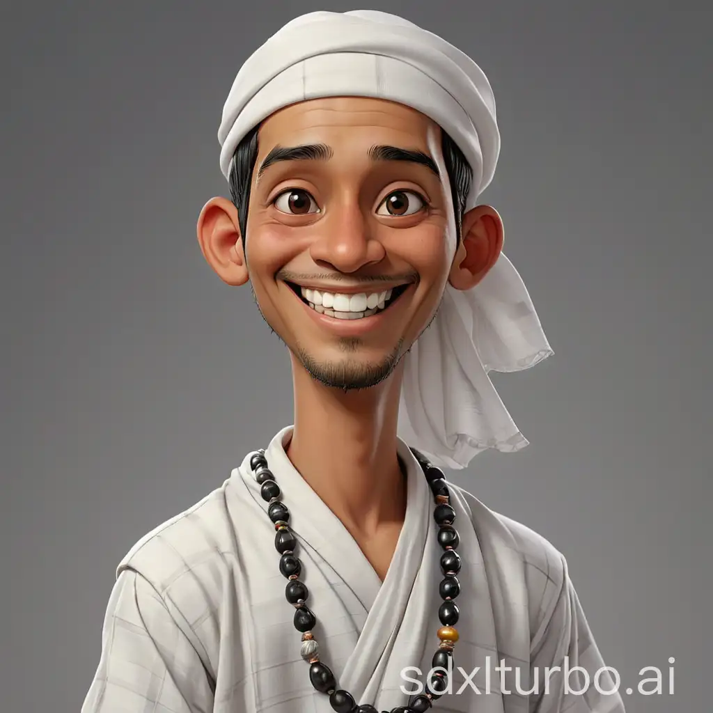 A realistic caricature of an Indonesian man, with a very clean face and smiling, wearing white Muslim clothes, a black peci, a black checkered sarong, sandals, and carrying prayer beads, on a grey background. The image is displayed in a detailed and elegant manner, with very high resolution.