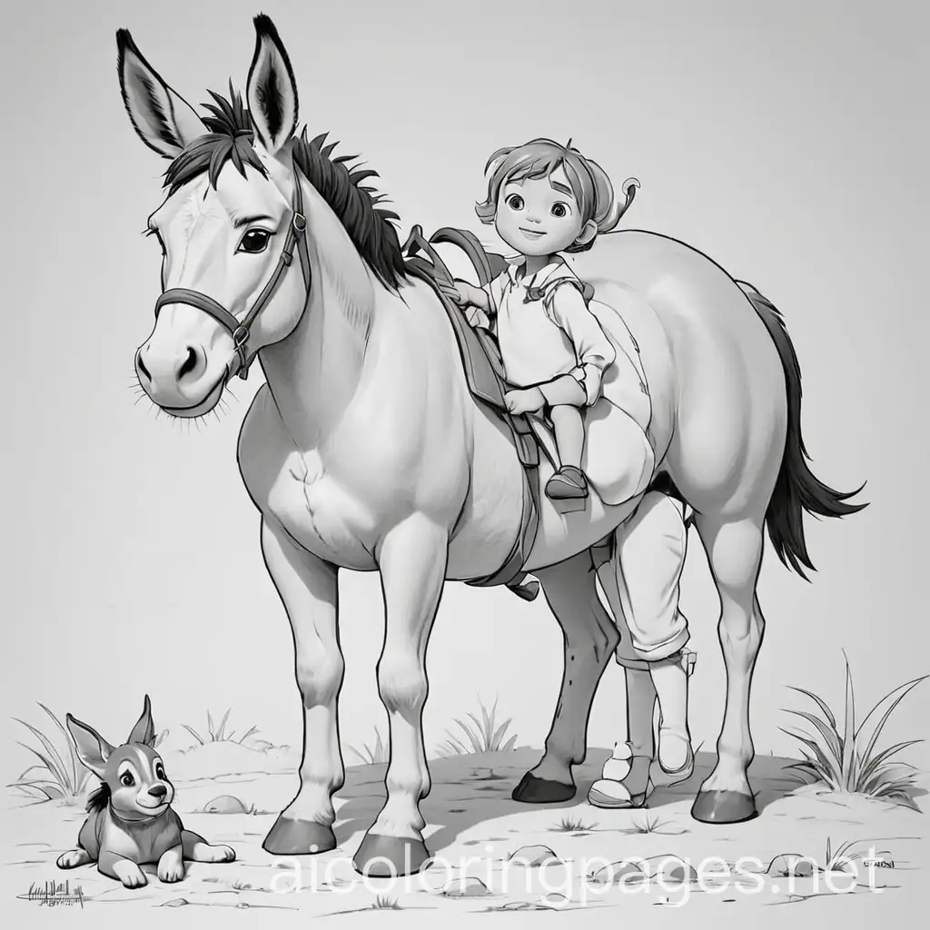 Image of the story 'The Donkey and the Dog' by La Fontaine, coloring page, black and white, line drawing, white background, simplicity, large white space.   The background of the coloring page is solid white to make it easy for young children to color in the lines.   The outlines of all subjects are easy to distinguish, making it easy for children to color without much difficulty., Coloring Page, black and white, line art, white background, Simplicity, Ample White Space. The background of the coloring page is plain white to make it easy for young children to color within the lines. The outlines of all the subjects are easy to distinguish, making it simple for kids to color without too much difficulty