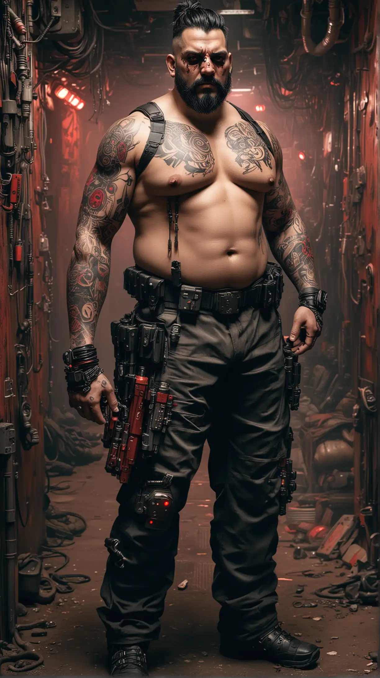 An image of a bulky, slightly overweight man with cybernetic implants, evil, red cybernetic eyes, tattoos, shirtless with tactical gear and trousers, black hair in a bun and bushy beard, inside an underground club, red atmosphere, in a detailed cyberpunk like style