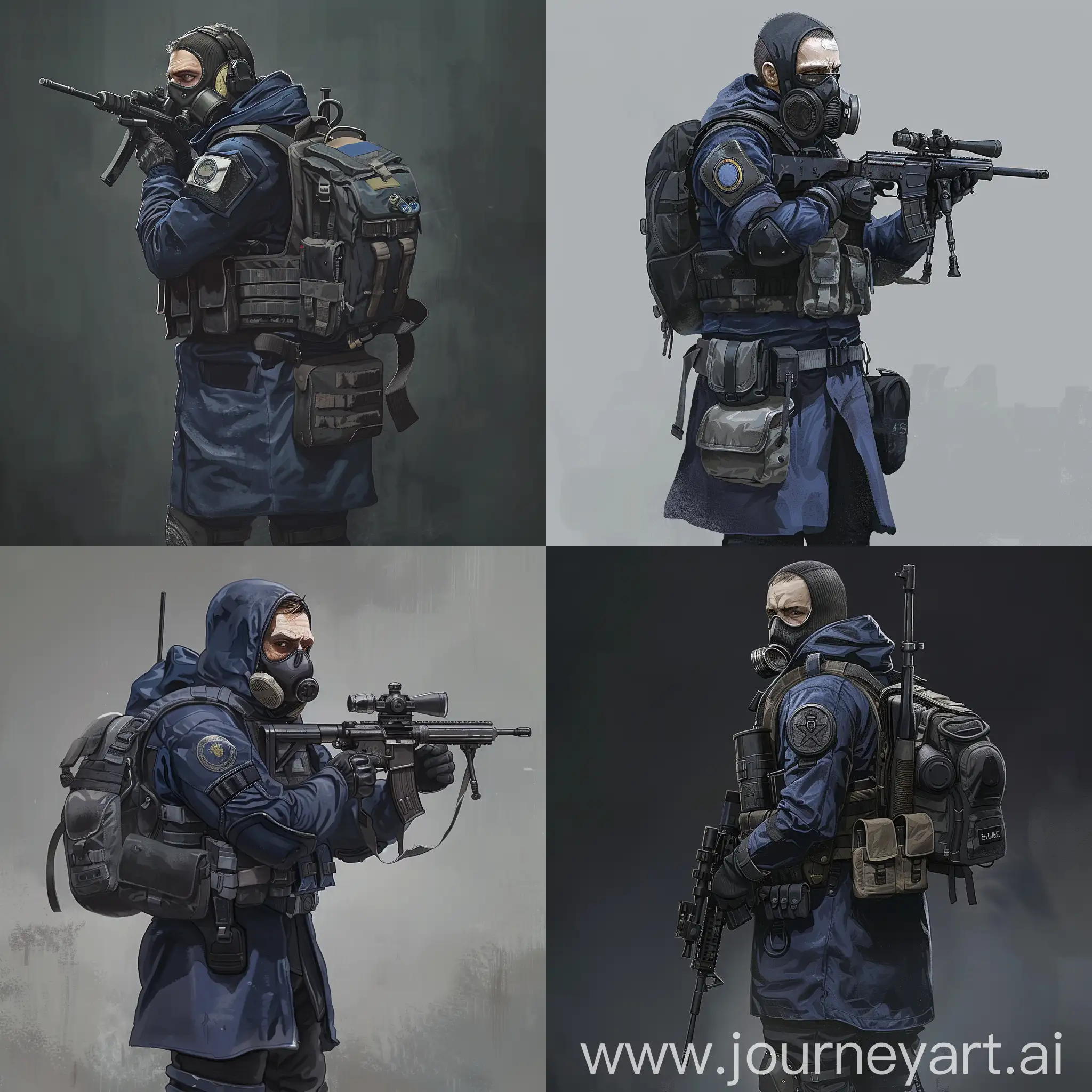 Digital concept art a mercenary from the universe of S.T.A.L.K.E.R., a mercenary dressed in a dark blue military raincoat, gray military armor on his body, a gas mask on his face, a small military backpack on his back, sniper rifle in his hands.