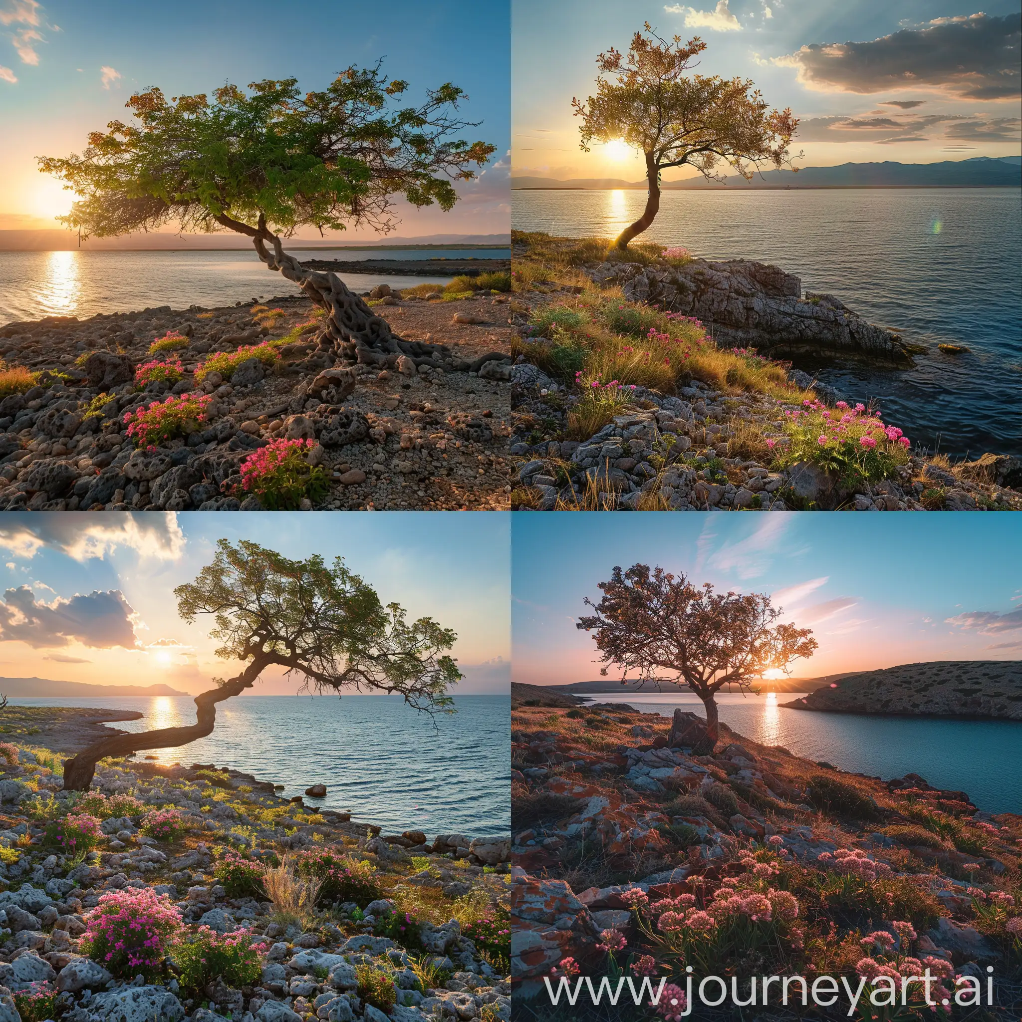 Serene-Sunset-Scene-Tree-on-Rocky-Shore-of-Lake-Sal