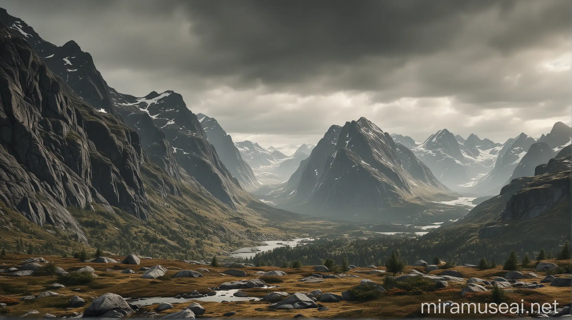 Norwegian mountains under an overcast sky, earthy and muted colors, 8k, ultra realistic --ar 3:2