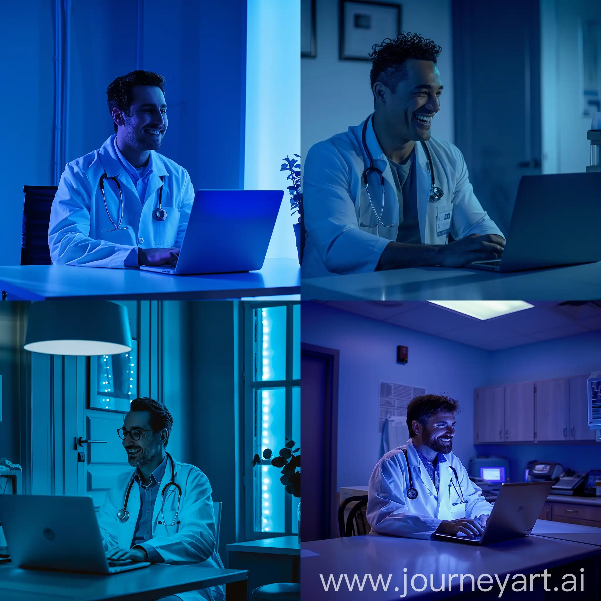 Smiling-Doctor-in-White-Coat-with-Laptop-in-BlueTinted-Room