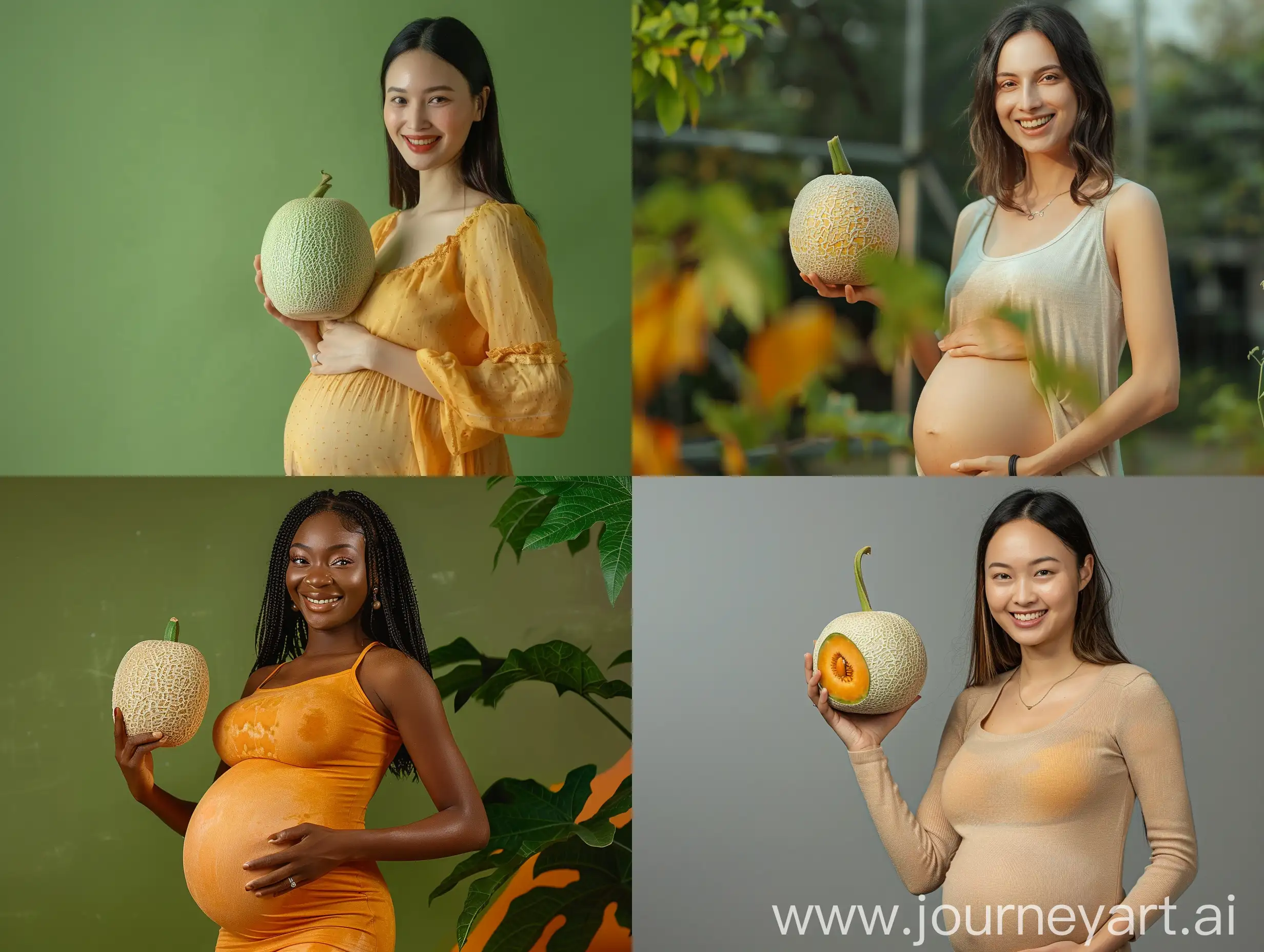 An attractive advertising photo of a pregnant woman holding a cantaloupe in her hand