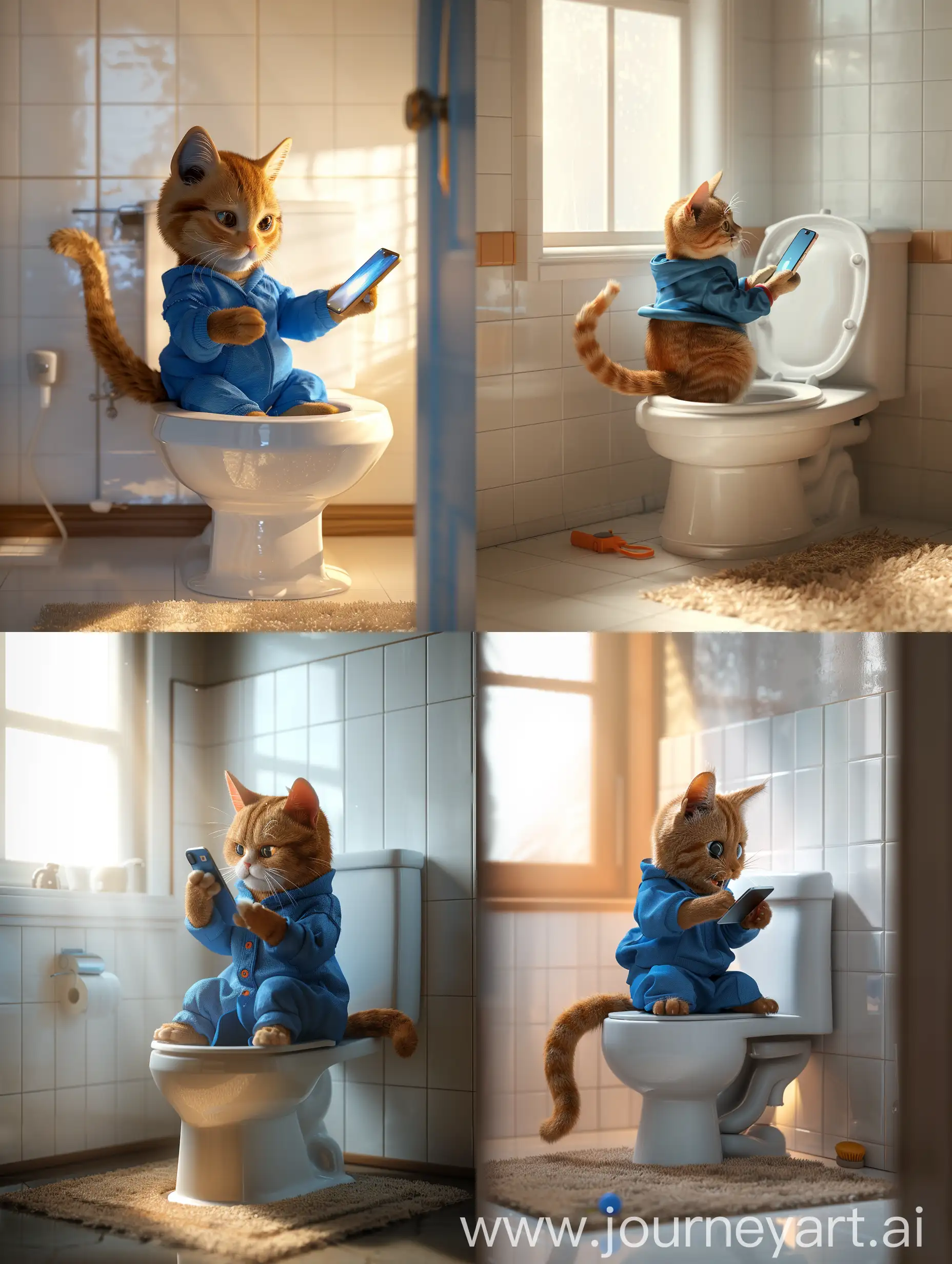 Playful-Tabby-Cat-in-Blue-Clothing-with-iPhone-15-on-Toilet
