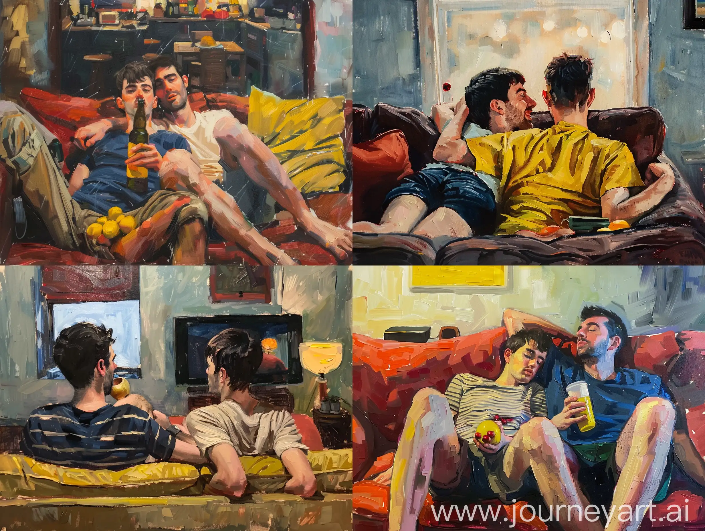 oil painting of a couple watching movie on a couch in living room 