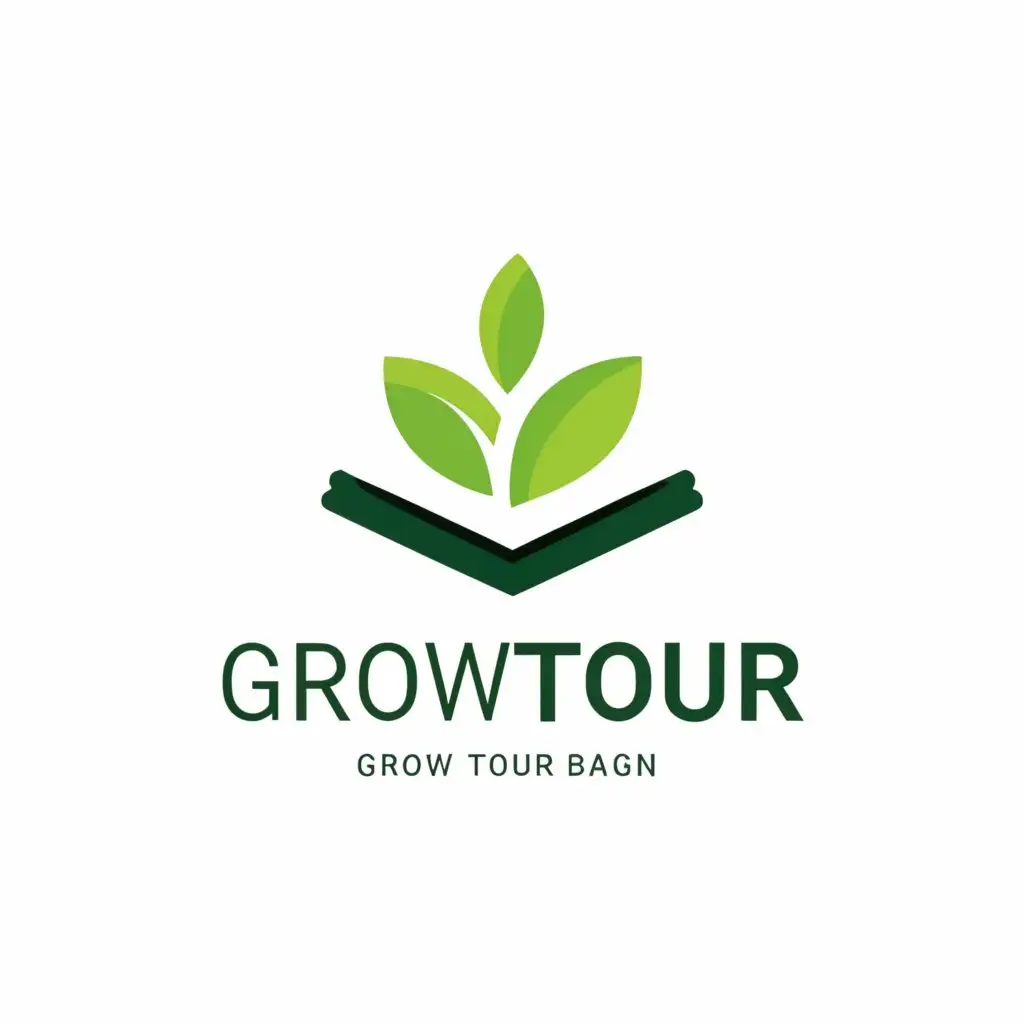 a logo design,with the text "草涂
GROW·TOUR", main symbol:grass seed, tree leaf, book, green,Minimalistic,be used in Education industry,clear background