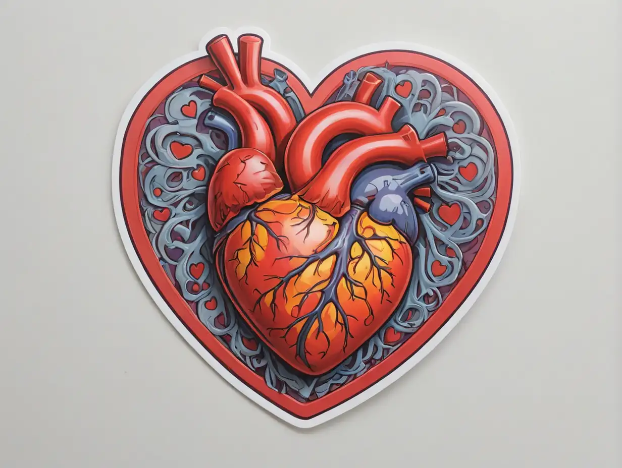 Heart Disease Sticker, Sticker, Happy, Bold Colors, Gothic, Contour, Vector, White Background, Detailed
