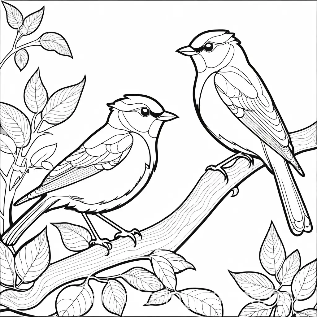 birds, Coloring Page, black and white, line art, white background, Simplicity, Ample White Space. The background of the coloring page is plain white to make it easy for young children to color within the lines. The outlines of all the subjects are easy to distinguish, making it simple for kids to color without too much difficulty