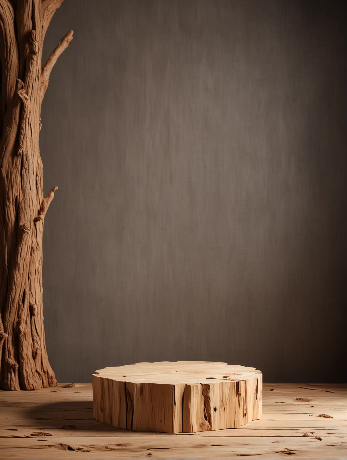 Empty-Pedestal-for-Product-Display-on-Wood-Bark-in-Studio-Photography