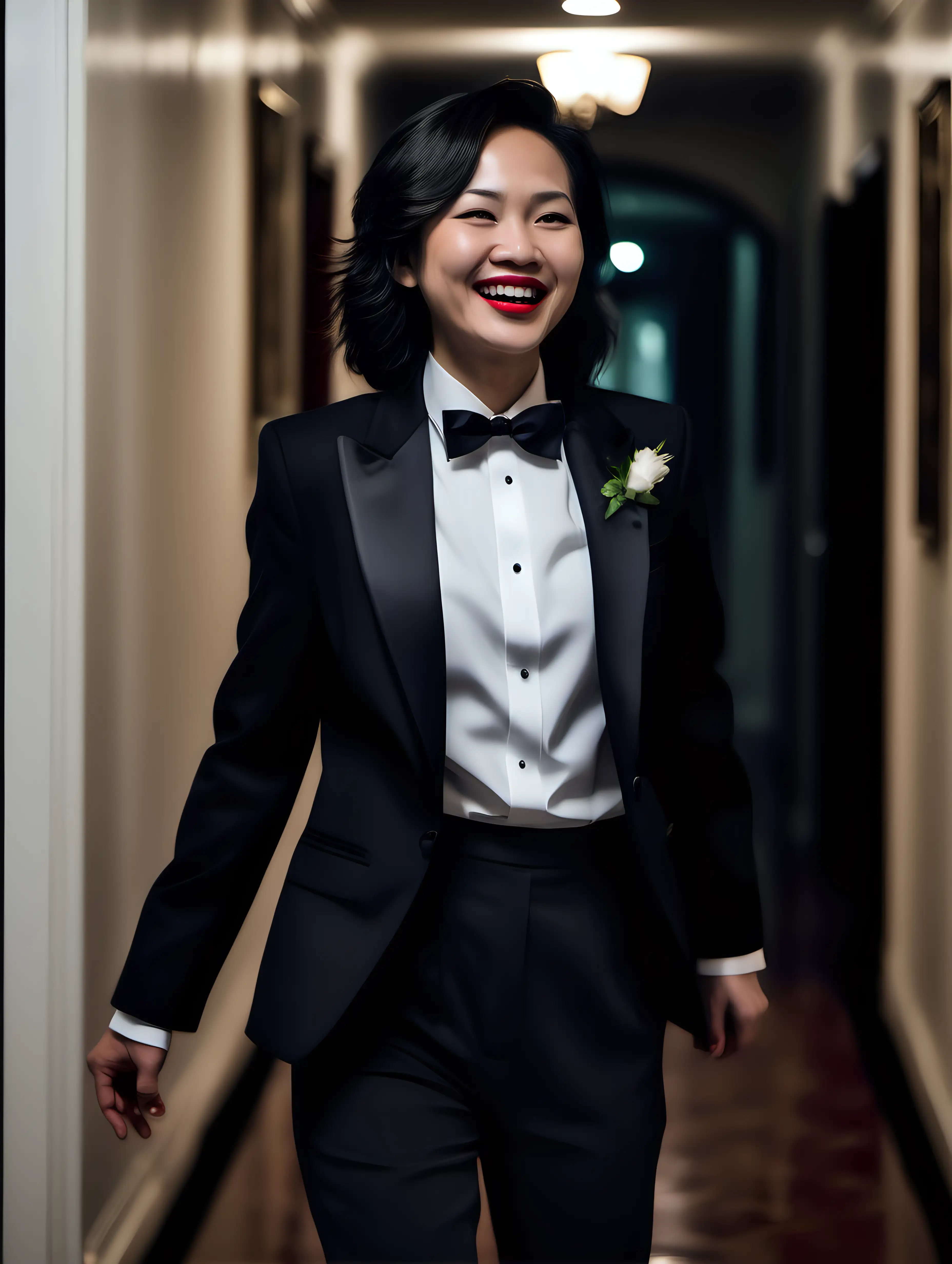 It is night. A smiling and laughing 40 year old Vietnamese woman with shoulder length hair and red lipstick is walking down a dark hallway in a mansion. She is facing forward. She is wearing a tuxedo with a black jacket with a corsage and a white shirt and a black bowtie and black cufflinks and black pants. She is relaxed. Her jacket is open.