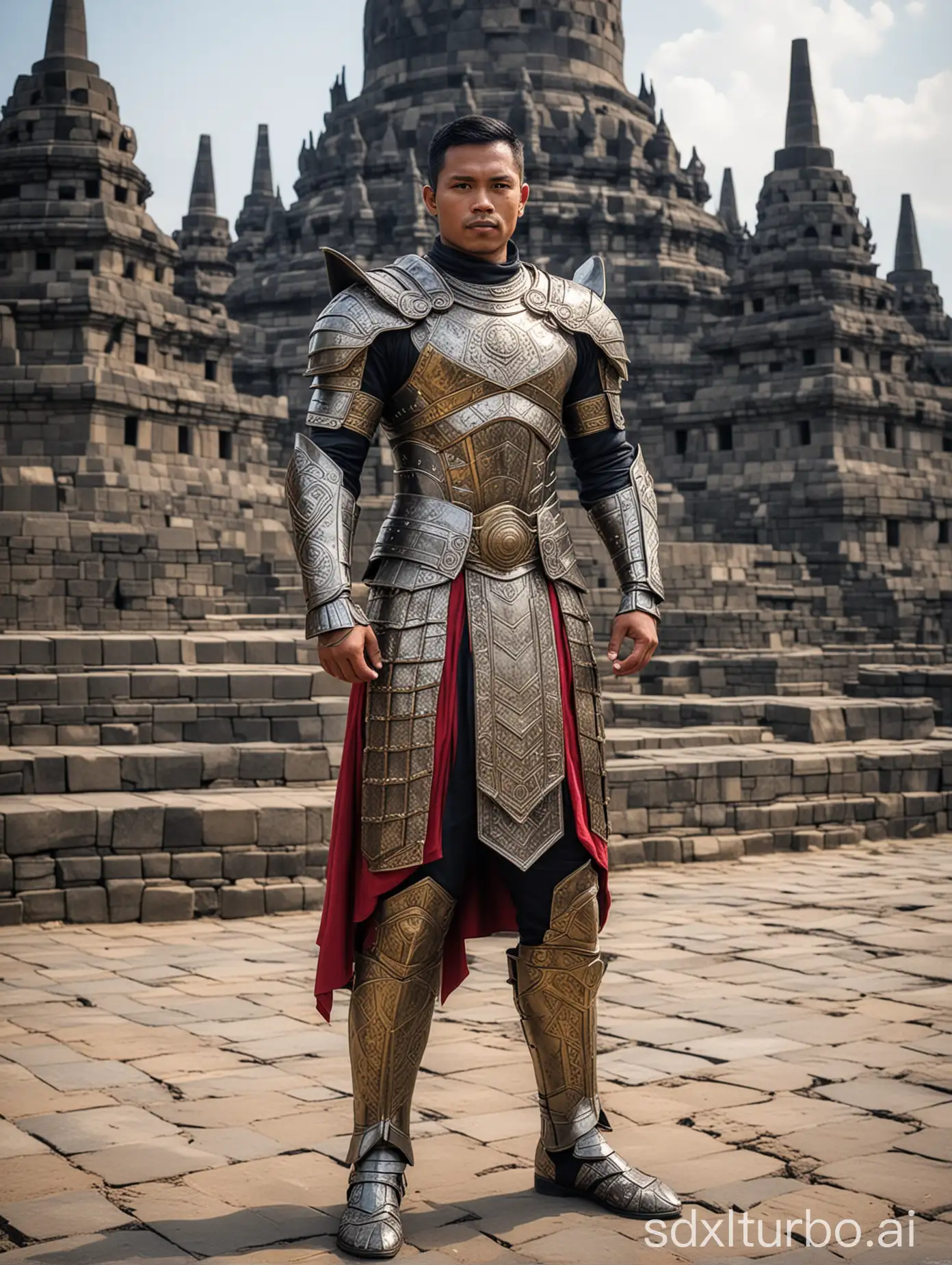 Create a superhero with Indonesian origin wearing armoured costume and he’s standing near borobudur