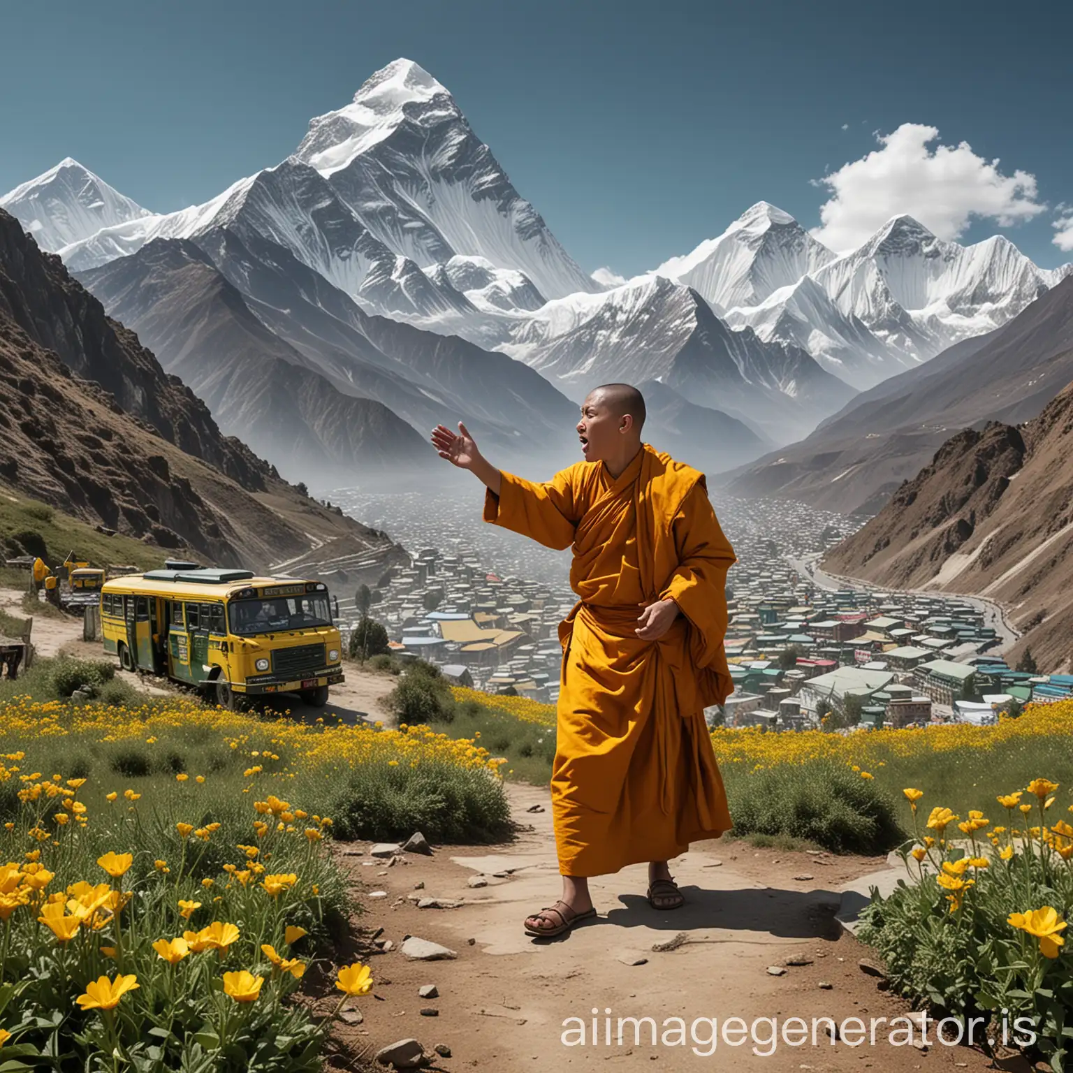 Create a picture of a monk boy arguing god of wisdom for he not able to understand the mantra of being knowledgeable. The background is on the top hill of the mountain marked by green buses with yellow and blue flowers glancing the majestic mount everest. The monk fried from behind stopping.