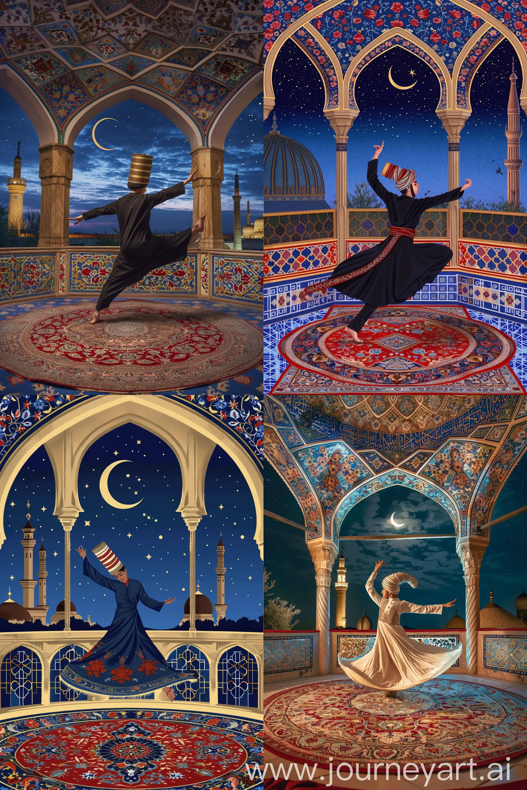 A young British dervish wearing cylindrical fez cap performing sufi whirling sema dance on a persian carpet, inside an octagonal balcony having three arches decorated with red blue gold persian floral motifs, serene night sky with a crescent, view of Persian tiled mosque, White blue red golden composition --ar 2:3