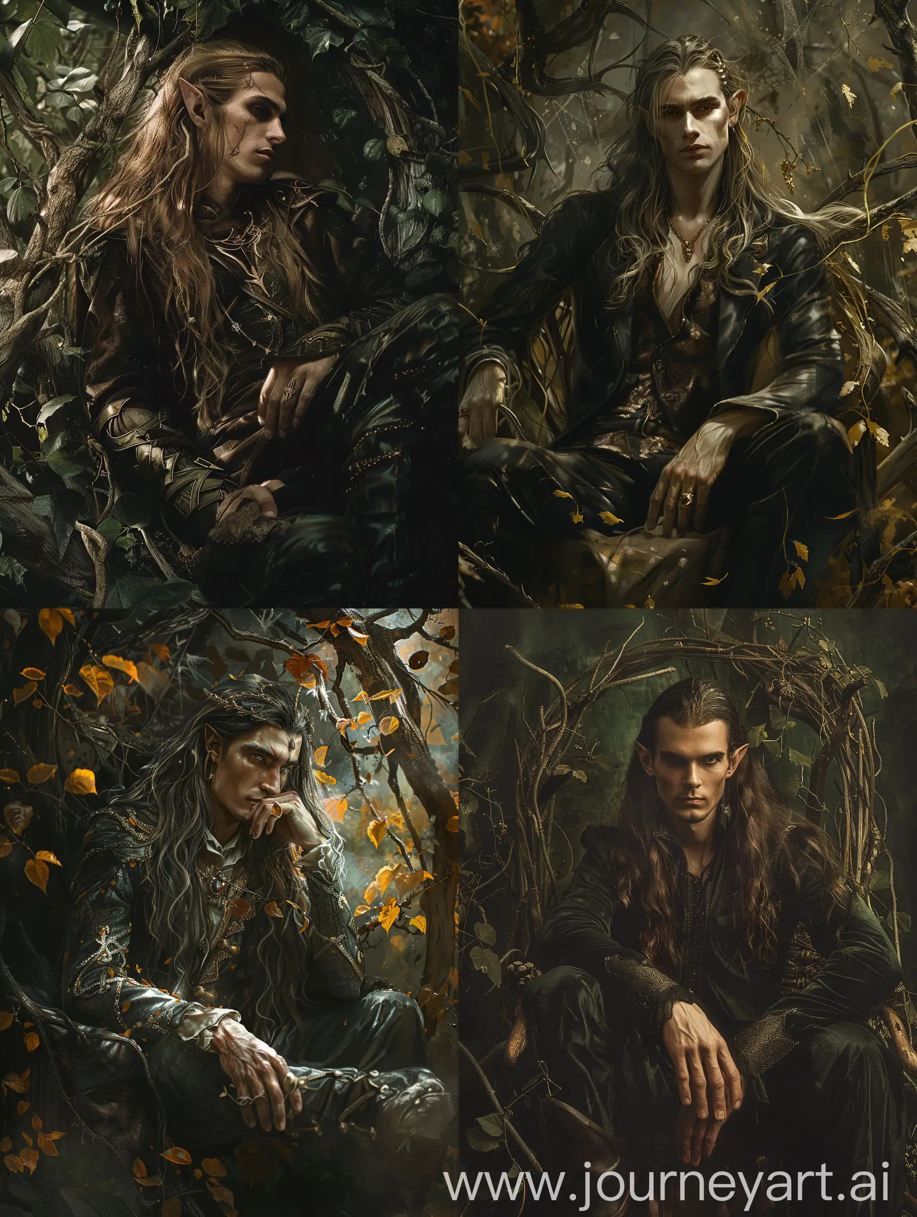Парень-эльф с длинными волосами сидит в роскованной позе на троне из веток и листьев, принц, тёмный взгляд, фэнтэзи, динамичный ракурс