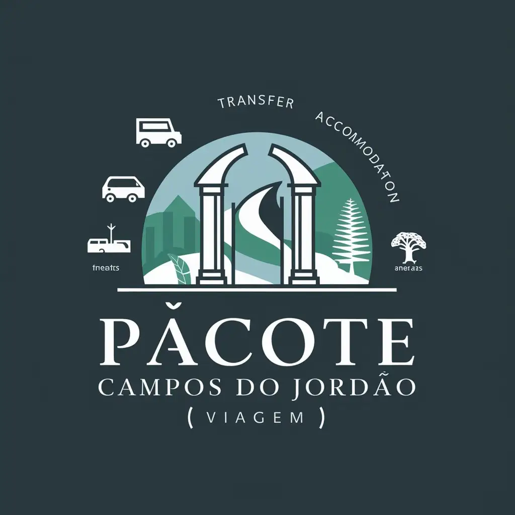 /imagine Create a logo for a travel package agency called 'Pacote Campos do Jordão [Viagem].' The logo should include icons such as araucárias (native pine trees), a suitcase, transfer vehicles, accommodation, meals, and the iconic city portal of Campos do Jordão, BR. The design should convey a sense of luxury, comfort, and adventure, reflecting the unique character of Campos do Jordão. Use a color palette that evokes the cold climate of the region, with shades of blue, green, and white. Ensure the design is modern, clean, and sophisticated, focusing on a cohesive and visually appealing representation using these icons.