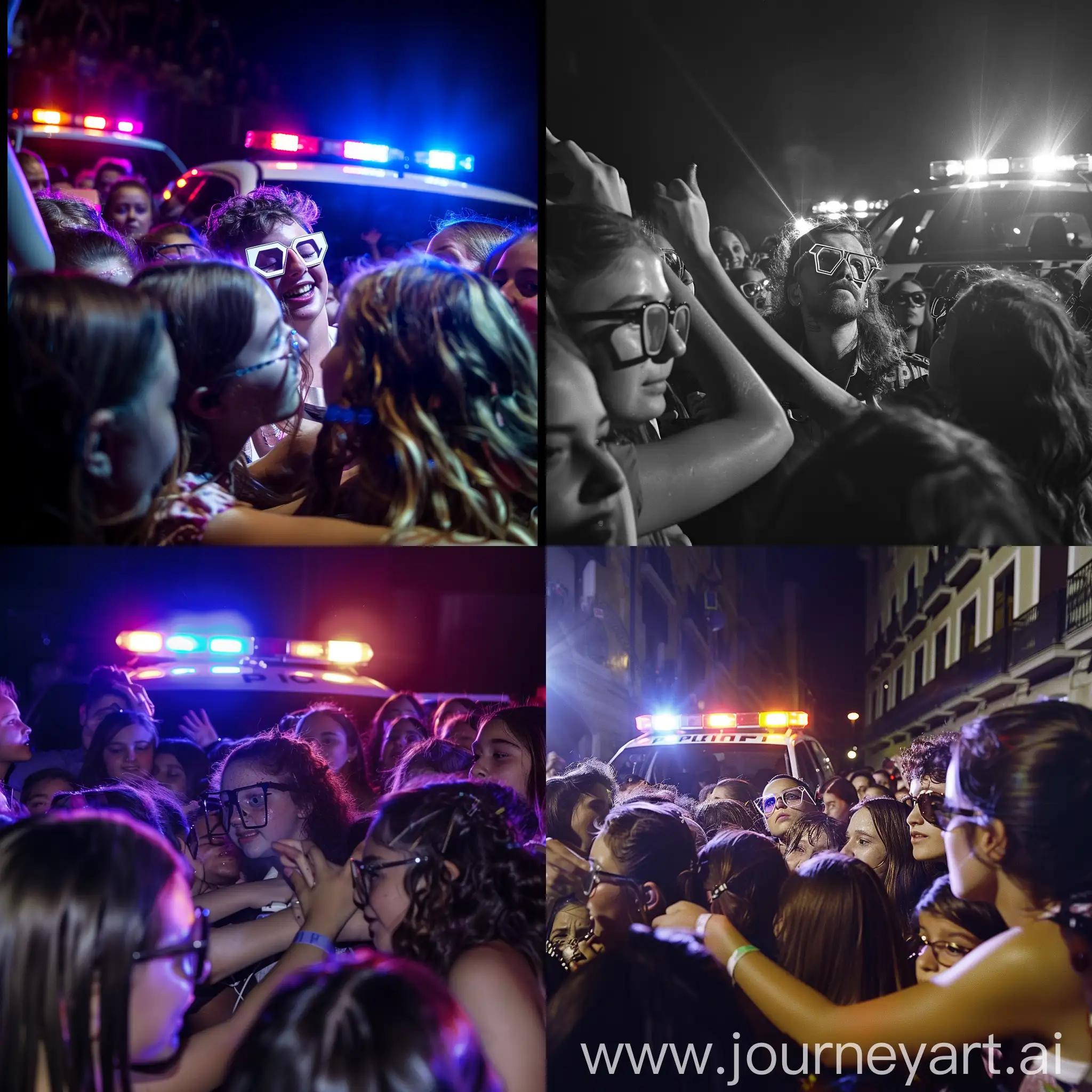 Girls-Attempting-Photo-with-Musician-Amidst-Police-Lights