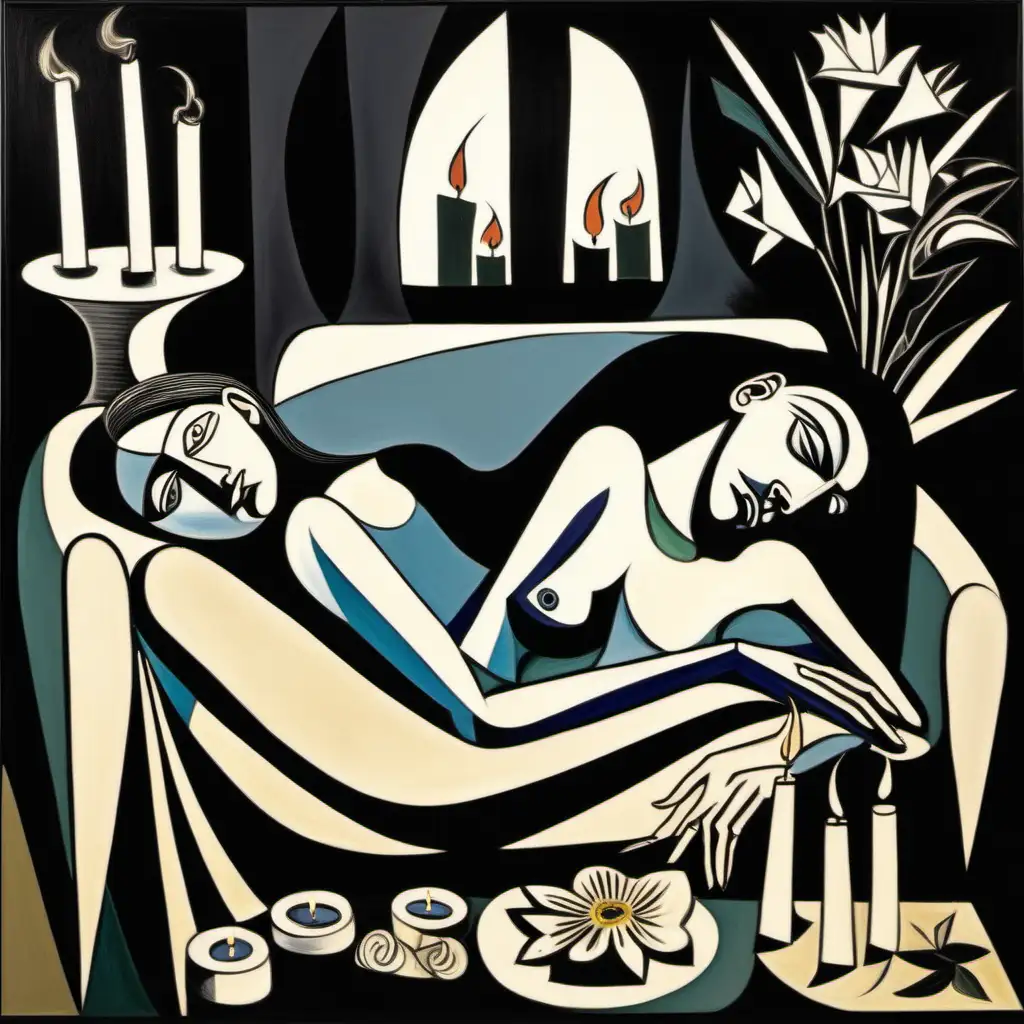 Guernica, femme allongée sur son canapé, des bougies et des fleurs, style artistique pablo picasso, multicolore 