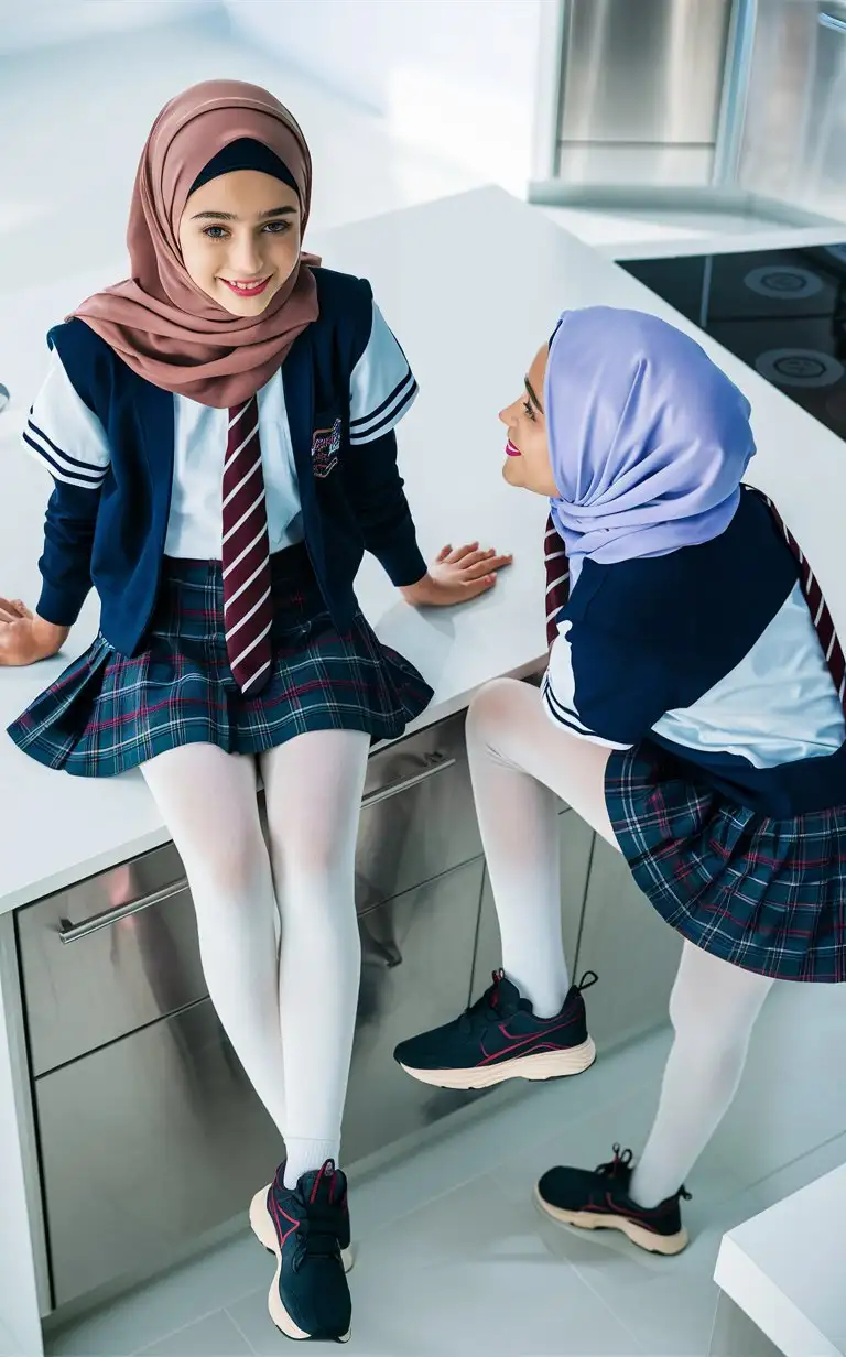 2 girl.  15 years old. They wear a modern hijab, school skirt, tight shirts, white opaque tights, sport shoes.
They are beautiful.
In kitchen. One girl sits on the kitchen countertrops. Other girl bending over to the kitchen countertrops. 
Top view, well-groomed, turkish, quality face