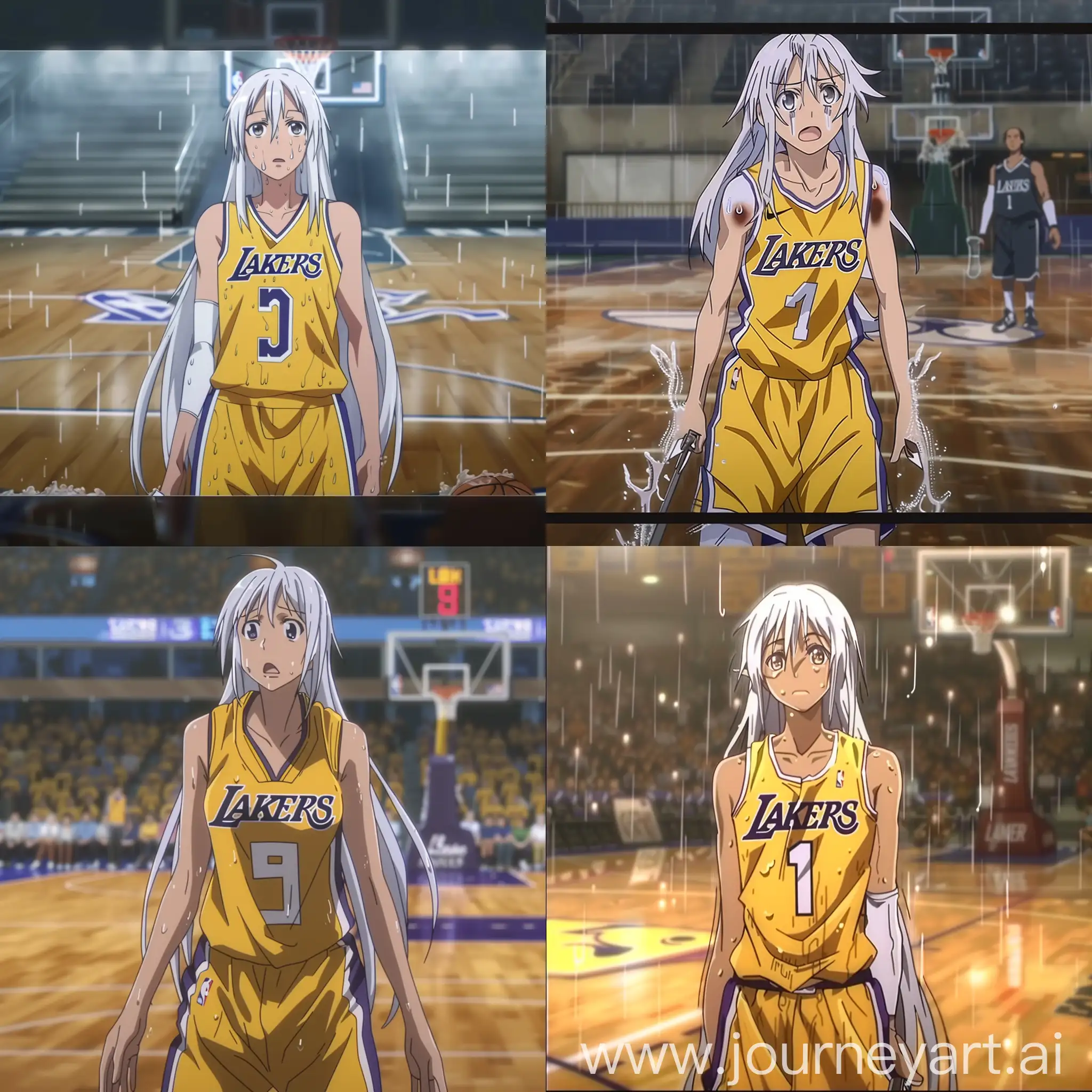 photo screenshot from anime, Asuna yuuki from Sword Art Online, White Hair, yellow basketball uniform "LAKERS", sweat, basketball court 