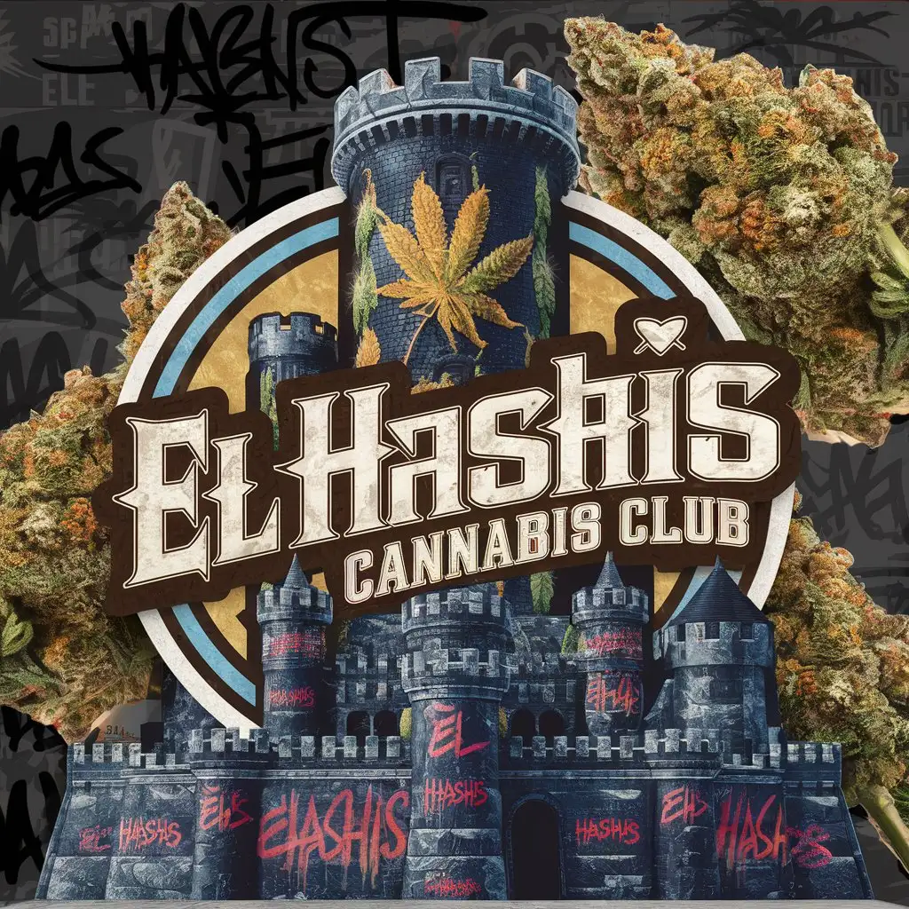 a giant detailed castle tower logo design with cannabis buds ,with the text 'el Hashís Cannabis Club', in graffiti main symbol old school graffiti style: on the castle are Tags with el Hashís  no background the logo is transparent