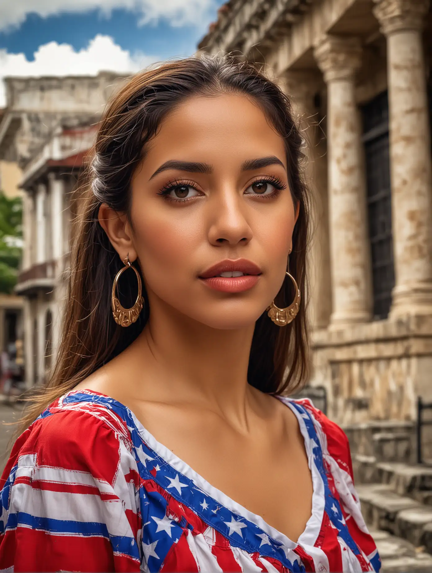 A beautiful woman，Puerto Rican，Wearing Puerto Rican clothing， with exquisite facial features, Famous architectural background of Puerto Rican， professional photography technology, 
