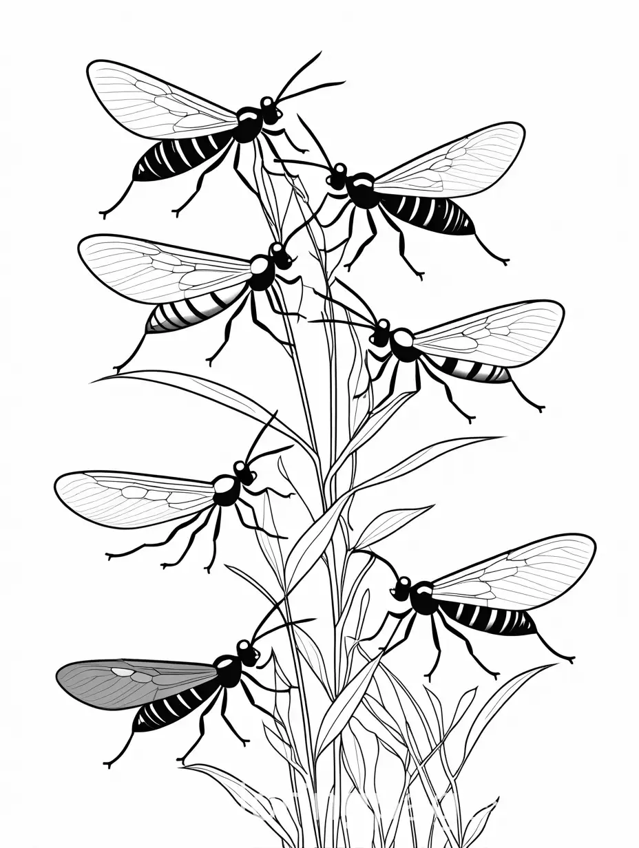 Aphids clustered on a plant stem, each with tiny wings, Coloring Page, black and white, line art, white background, Simplicity, Ample White Space. The background of the coloring page is plain white to make it easy for young children to color within the lines. The outlines of all the subjects are easy to distinguish, making it simple for kids to color without too much difficulty