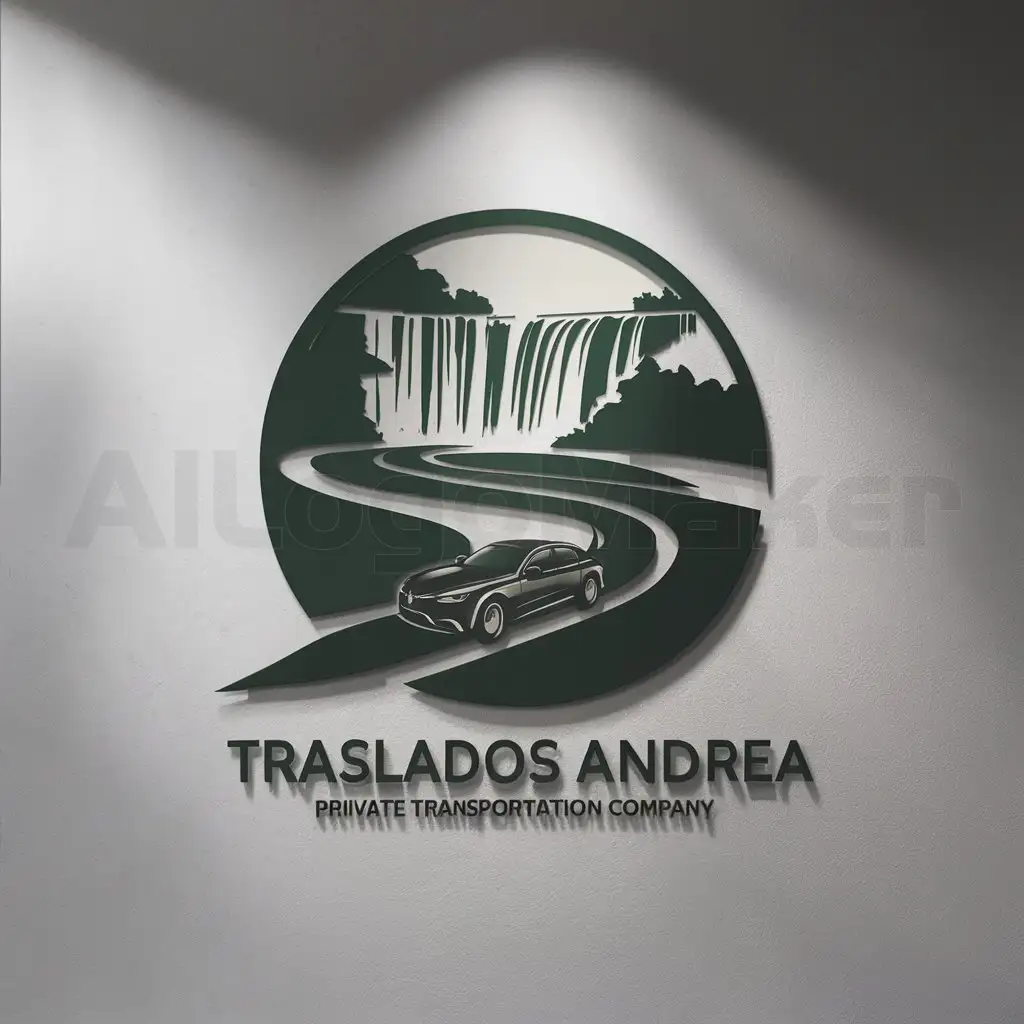 a logo design,with the text "Traslados Andrea", main symbol:create a round logo for a private transportation company include a car on a road near a waterfall in the logo,Moderate,clear background