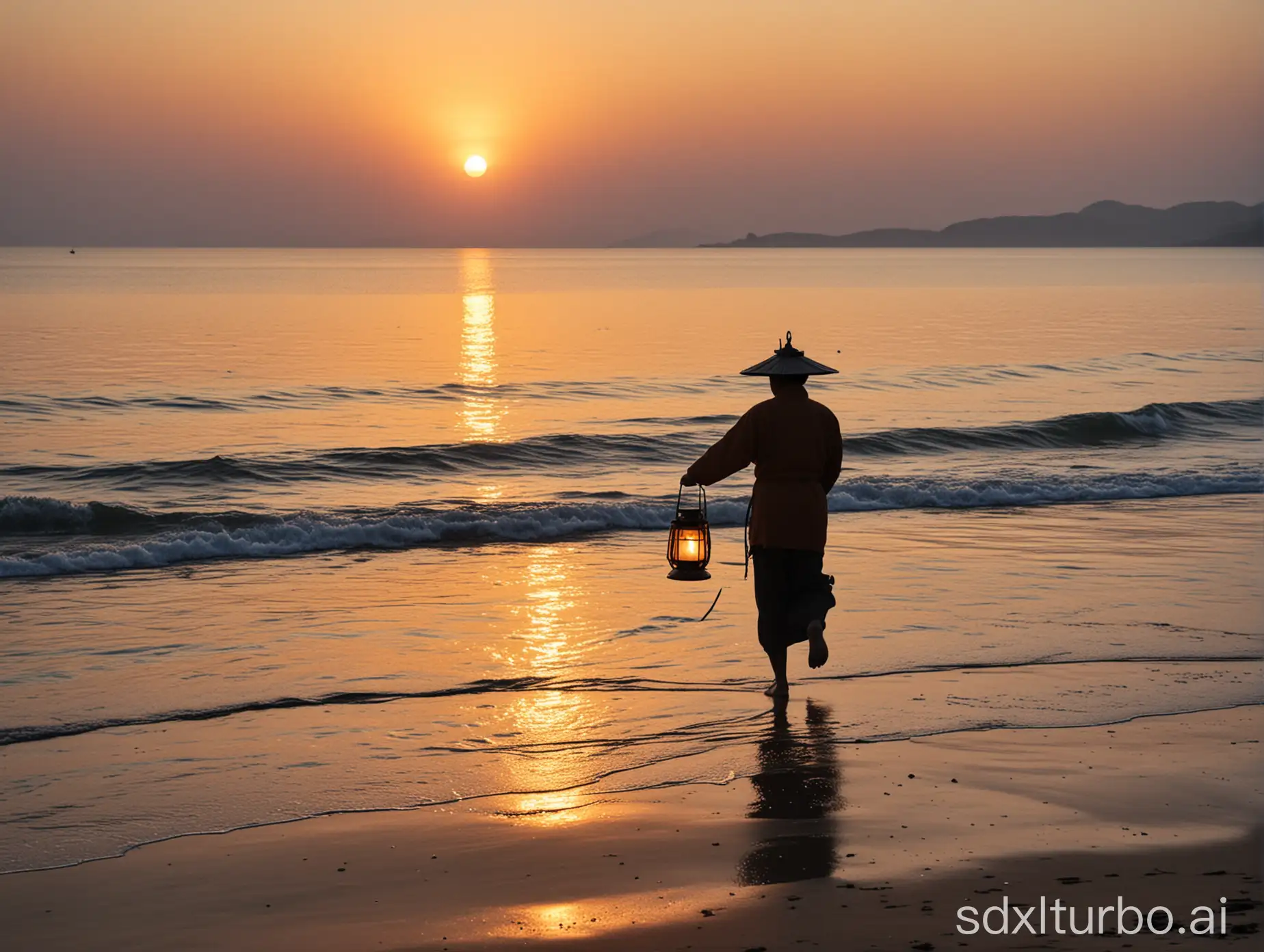 Gongzi-Strongsen-Running-with-Lantern-at-Sunset-by-the-Sea
