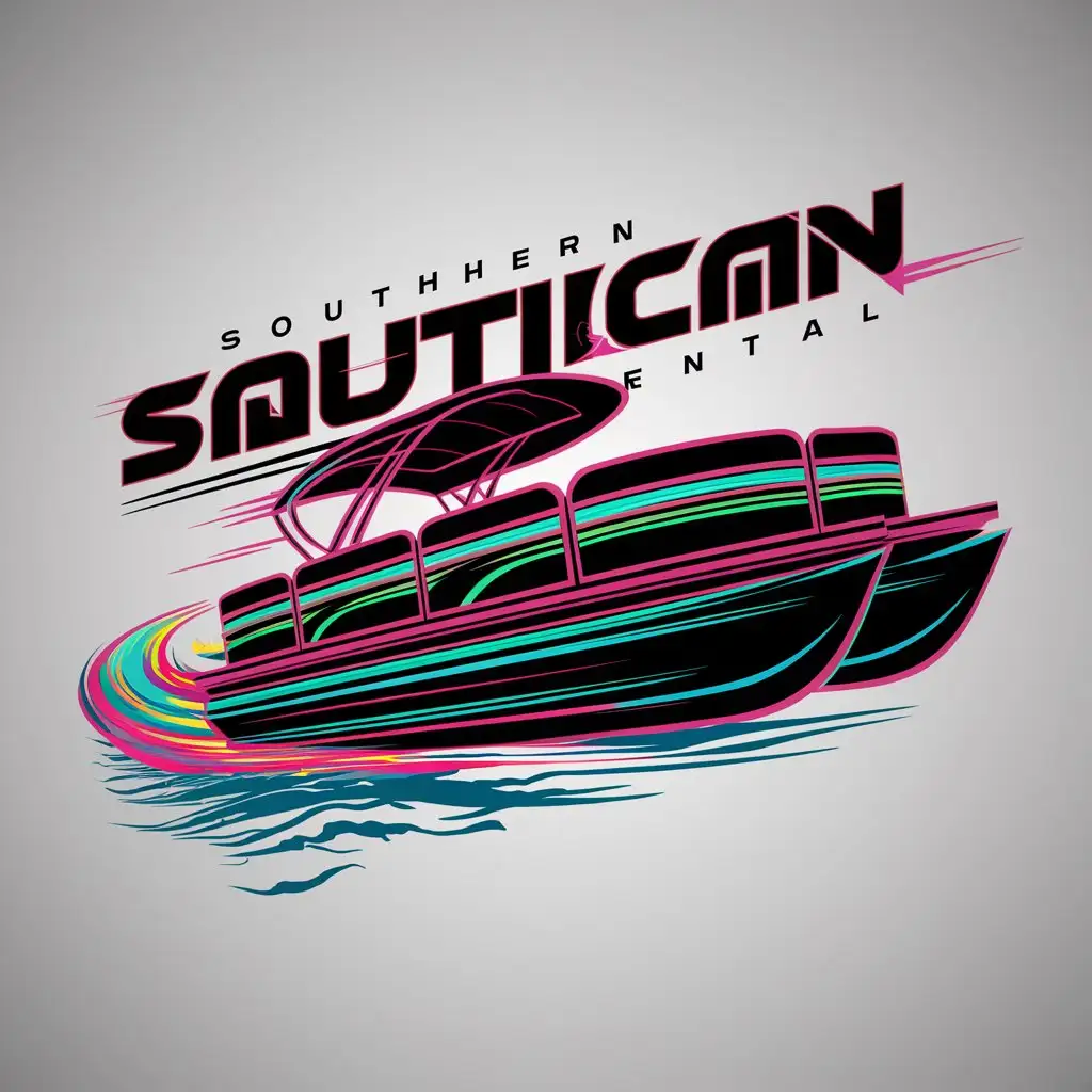 a logo design, with the text 'Southern Nautical', main symbol: a logo design, with the text 'Southern Nautical', main symbol: pontoon boat speeding through the ocean drawn with bright neon colors in a futuristic style, Complex ,clear background, complex, clear background