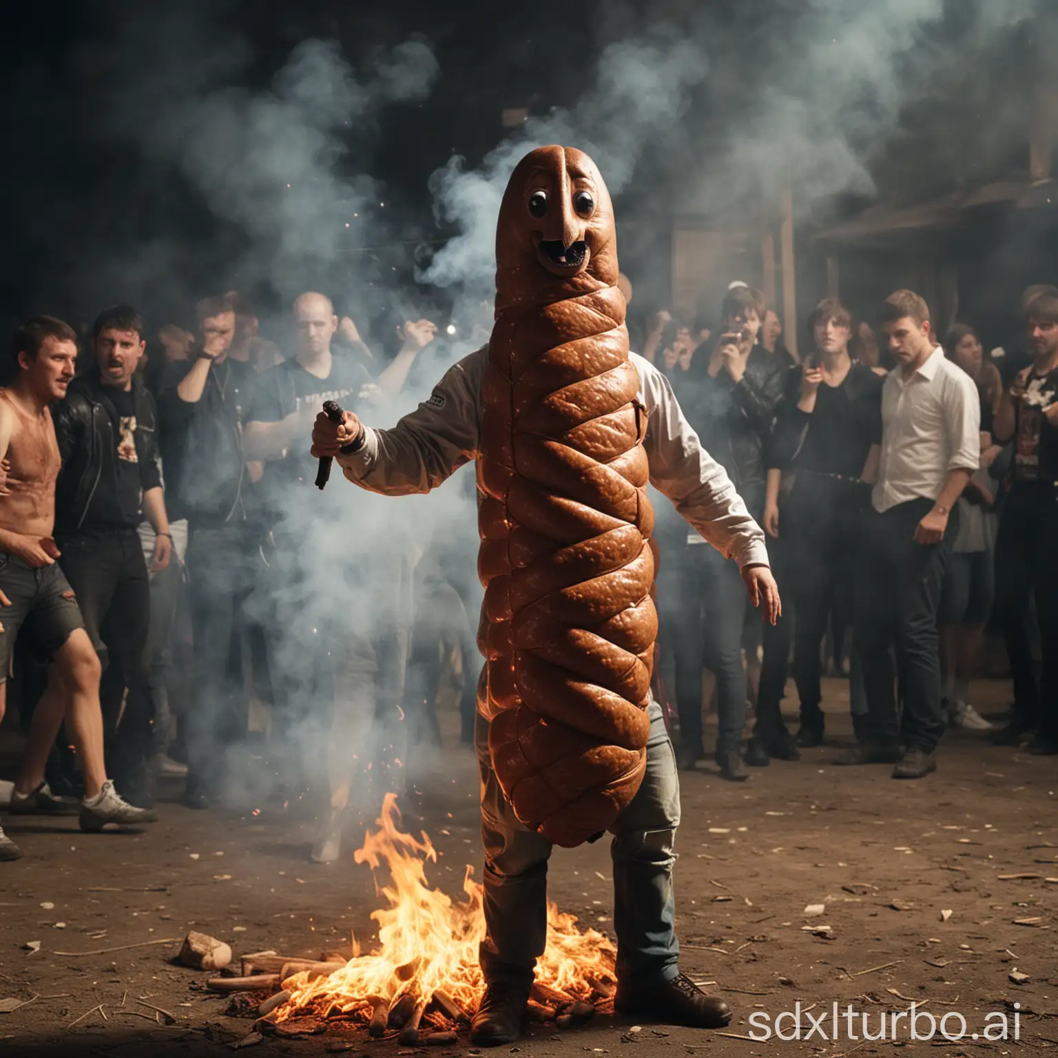 real nikon canon kodak photo of an anthropomorphic sausage, a man consisting of sausages, burns out at the Russian village disco hardbass brostep emo post-hardcore, very much bends in the ((dance)), epic, dynamic