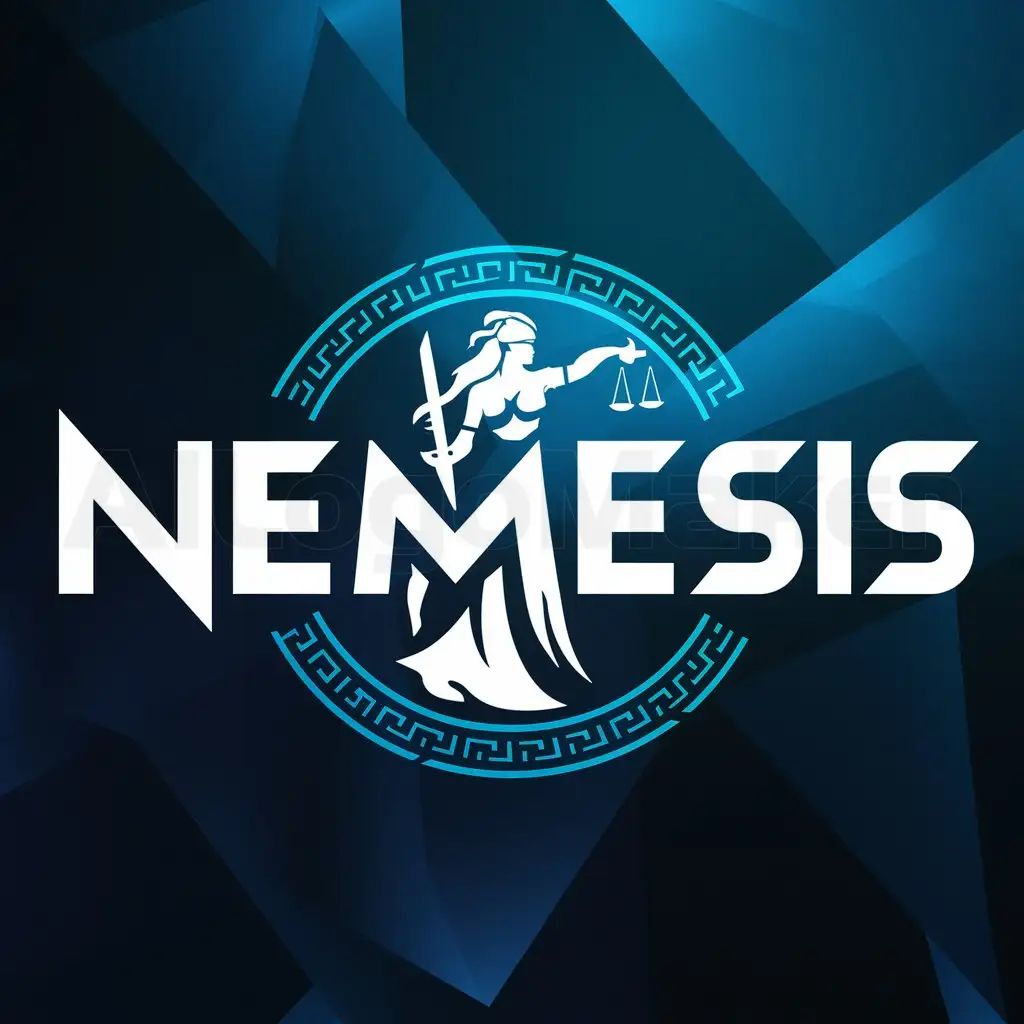 a logo design,with the text "Nemesis", main symbol:In Greek mythology, Nemesis (Greek: Νέμεσις) was the goddess of vengeance who punished people who had dared to defy the gods. Nemesis was also called Ramnusia ('goddess of Ramnus') in her sanctuary at Ramnus, north of Marathon. Nemesis is described as a goddess who knows no mercy and always gives punishment firmly. The name comes from the word νέμειν [némein], meaning 'to give what is due'.,complex,clear background