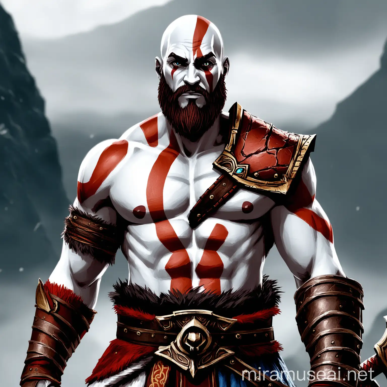 A frontal picture of kratos from god of war Ragnarok looking at the camera