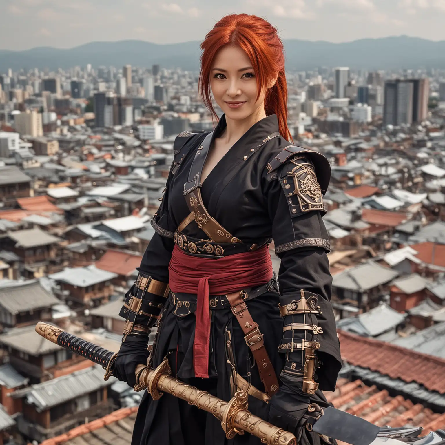 A petite, 40 year old ukrainian-Japanese woman with red hair. She is dressed as a steampunk Shinobi-Hime a ninja princess. she is on a rooftop looking over steampunk Kyoto. She has a half smile, and is holding katanas.