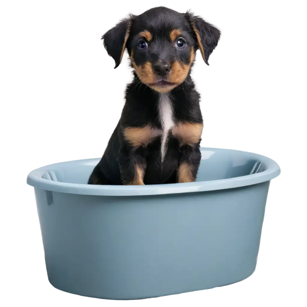 Puppy, happy, standing in a bathtub filled with water, front paws resting on the side of the tub 