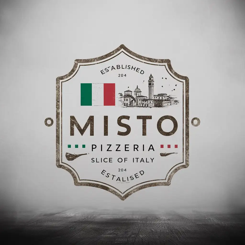 Misto Pizzeria Rustic Italian Emblem with Sketched Cityscape and Moody Atmosphere