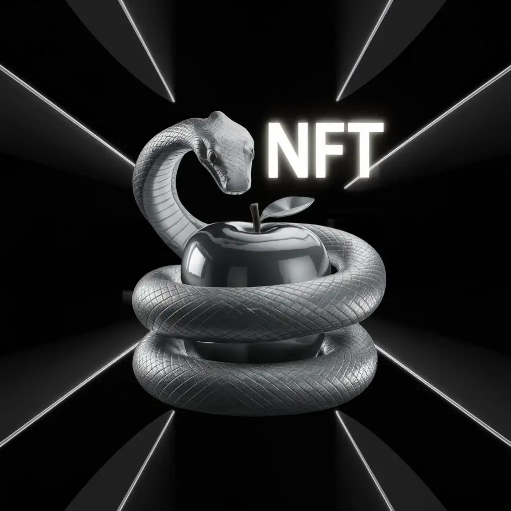 Чёрный фон,серая змея обвивающая яблоко NFT