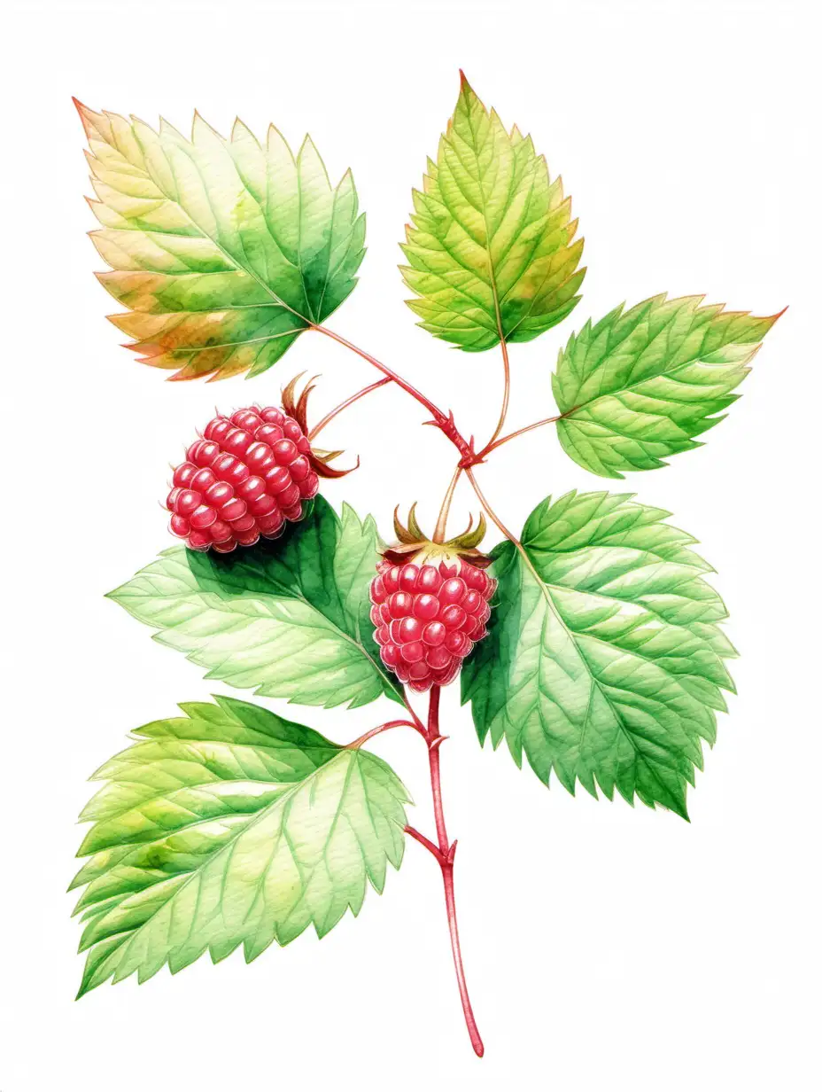 акварельный рисунок, raspberry leaves на белом фоне