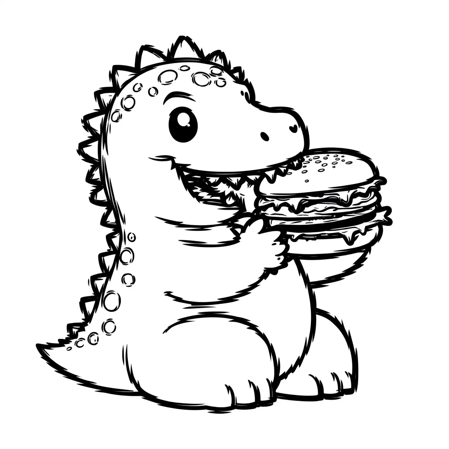 cute dinosour eating burger colouring book black and white outline