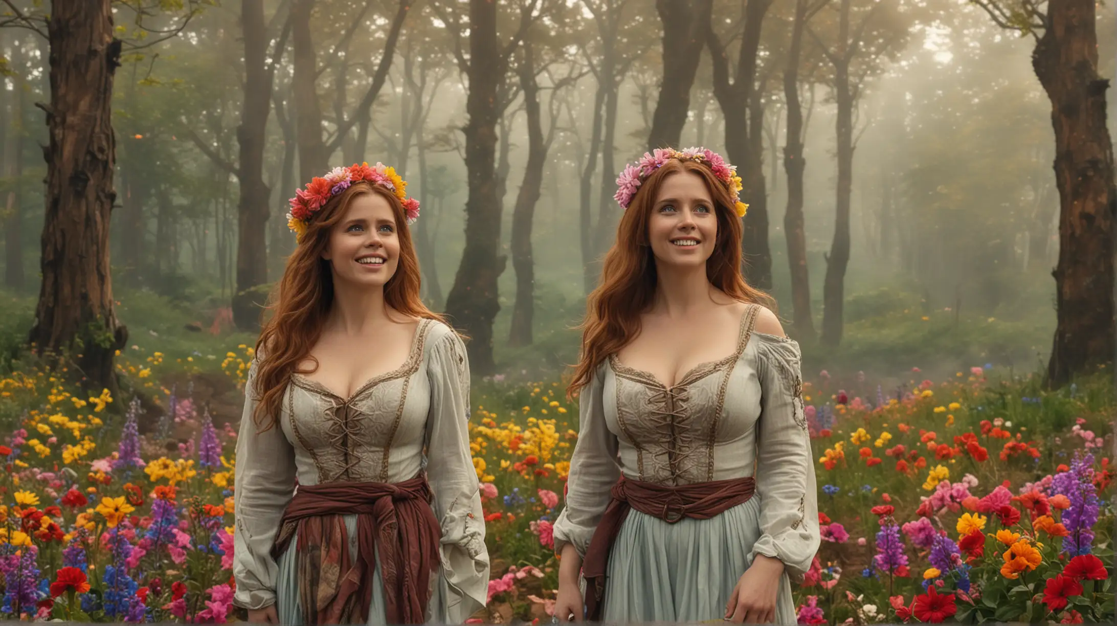Amy Adams, A Wizard of Earthsea style, sexy clothes, big boobs, surrounded by gorgeous colorful flowers, fantasy forest, smile, magic, fire, fog