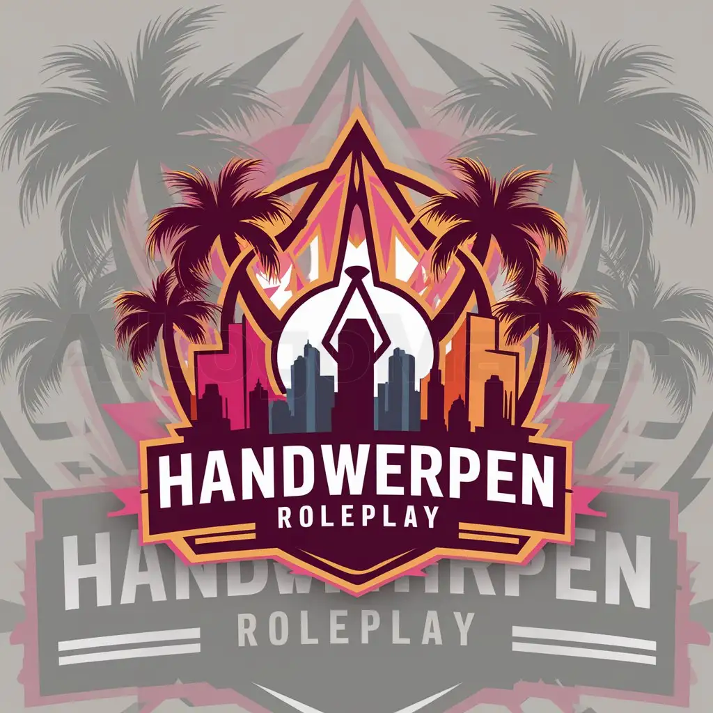 a logo design,with the text "Handwerpen roleplay", main symbol:LOGO Design For Park City Roleplay Vibrant Urban Skyline with Central Crane and Palm Trees,Moderate,clear background