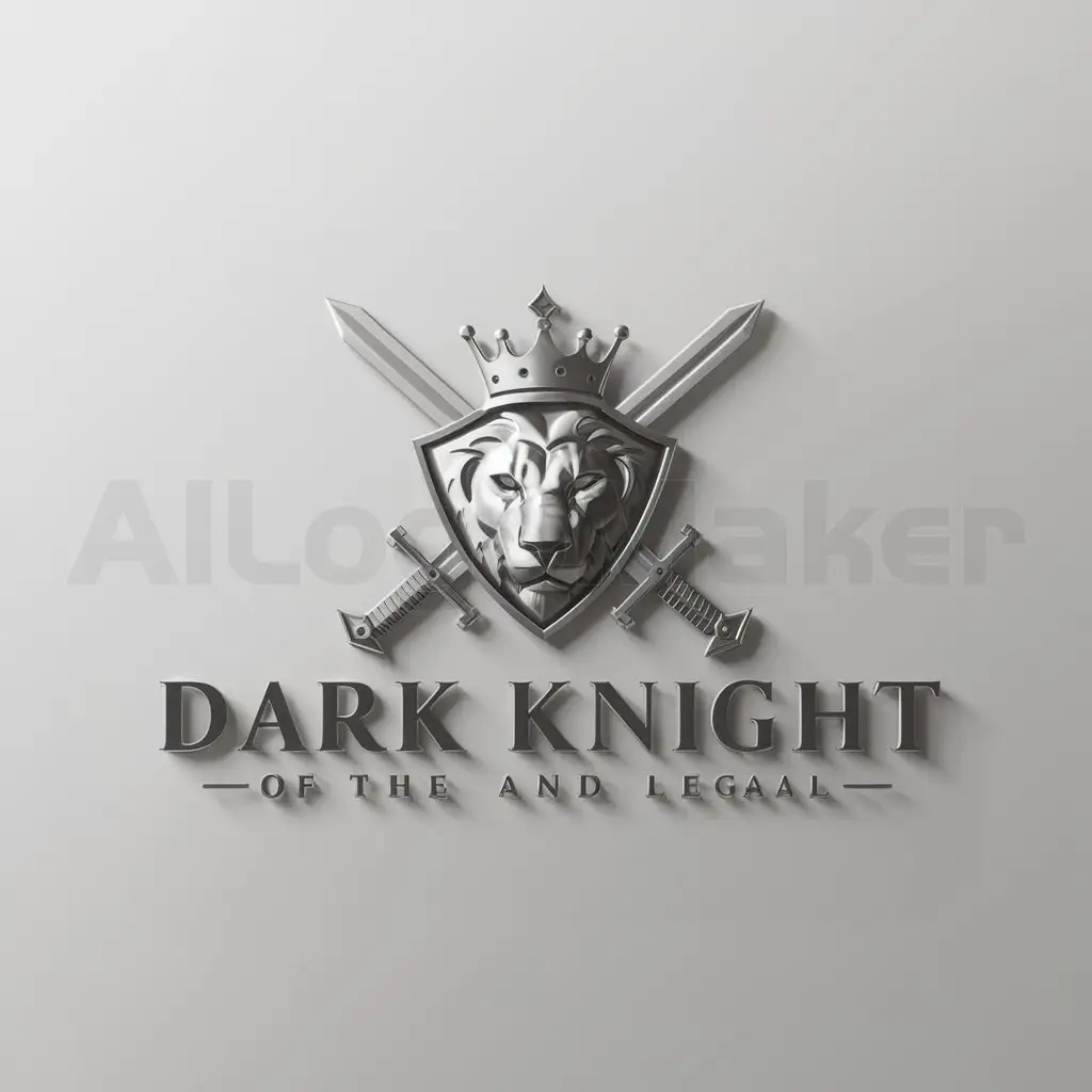 a logo design,with the text "Dark Knight", main symbol:a logo with a background element of two crossed swords on top of which is an image of a lion wearing a crown,Minimalistic,be used in Legal industry,clear background