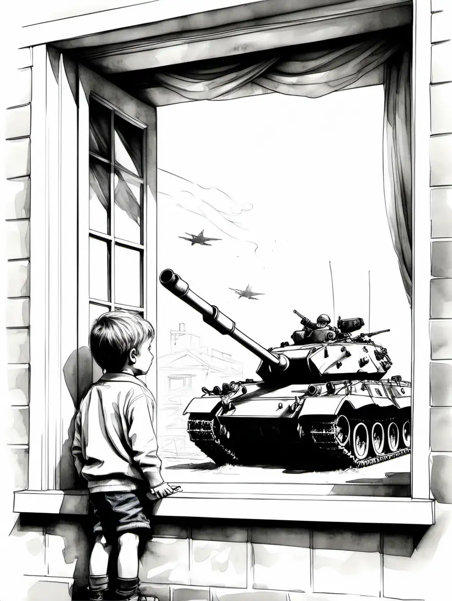 Curious Boy Observing Military Tanks Sketch in Window