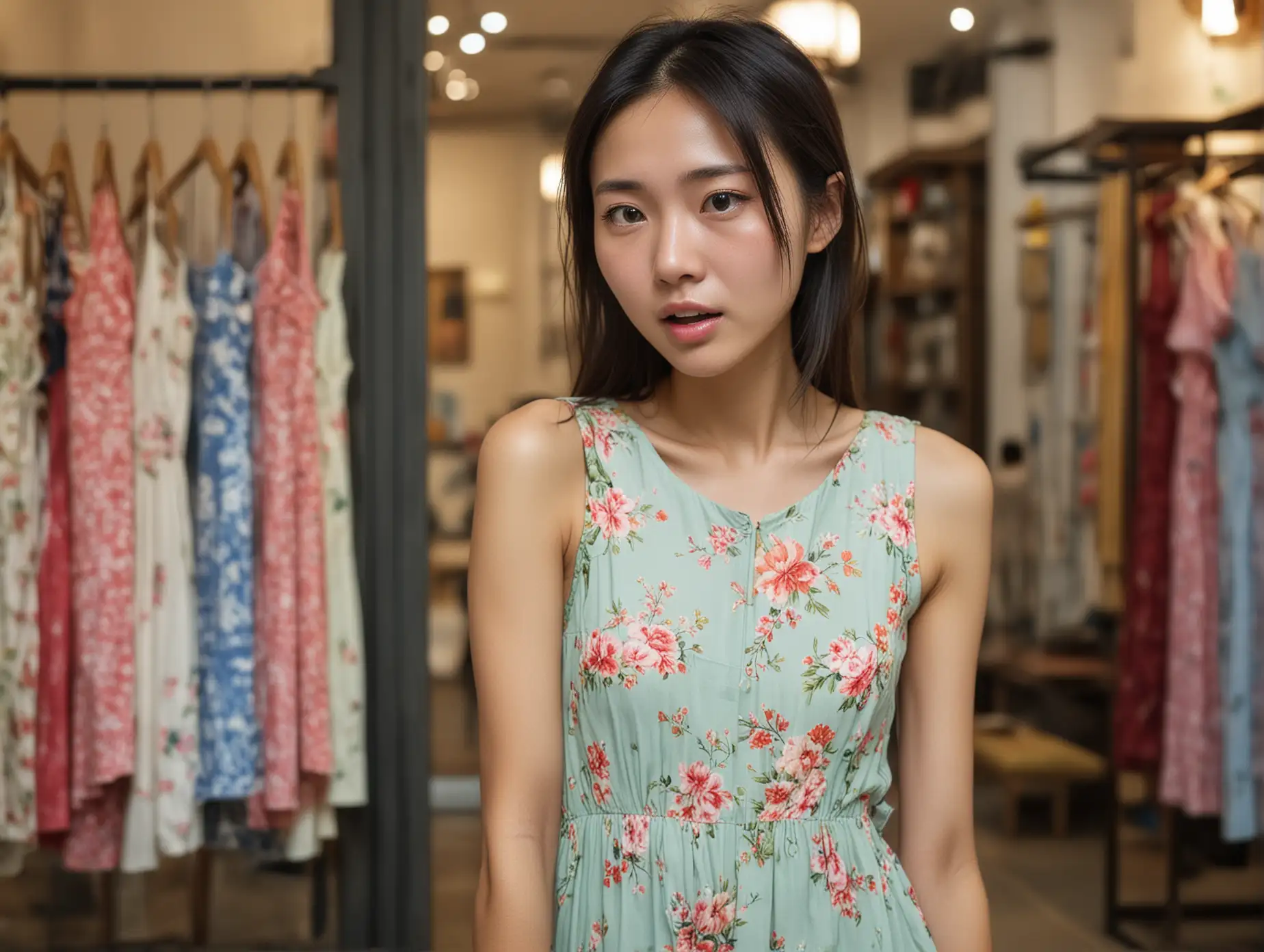Chinese-Woman-in-Summer-Dress-Gazes-Up-Desperately-at-Camera-in-Shanghai-Boutique
