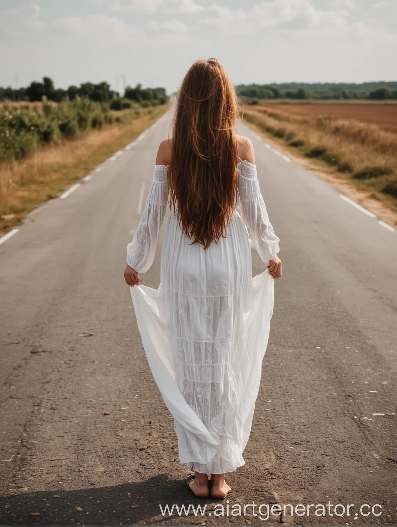 Lonely-Girl-with-Long-Chestnut-Hair-on-an-Empty-Road